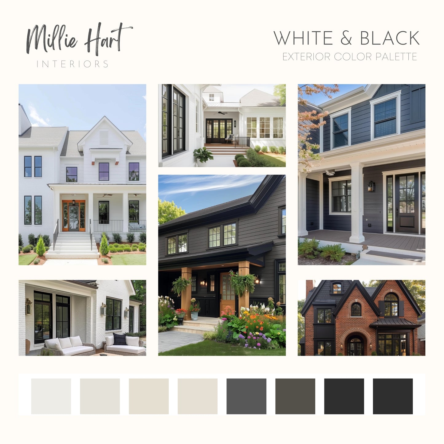 White and Black Exterior Benjamin Moore Paint Palette, Neutral Interior Paint Colors, Modern Farmhouse Color Scheme, White Heron