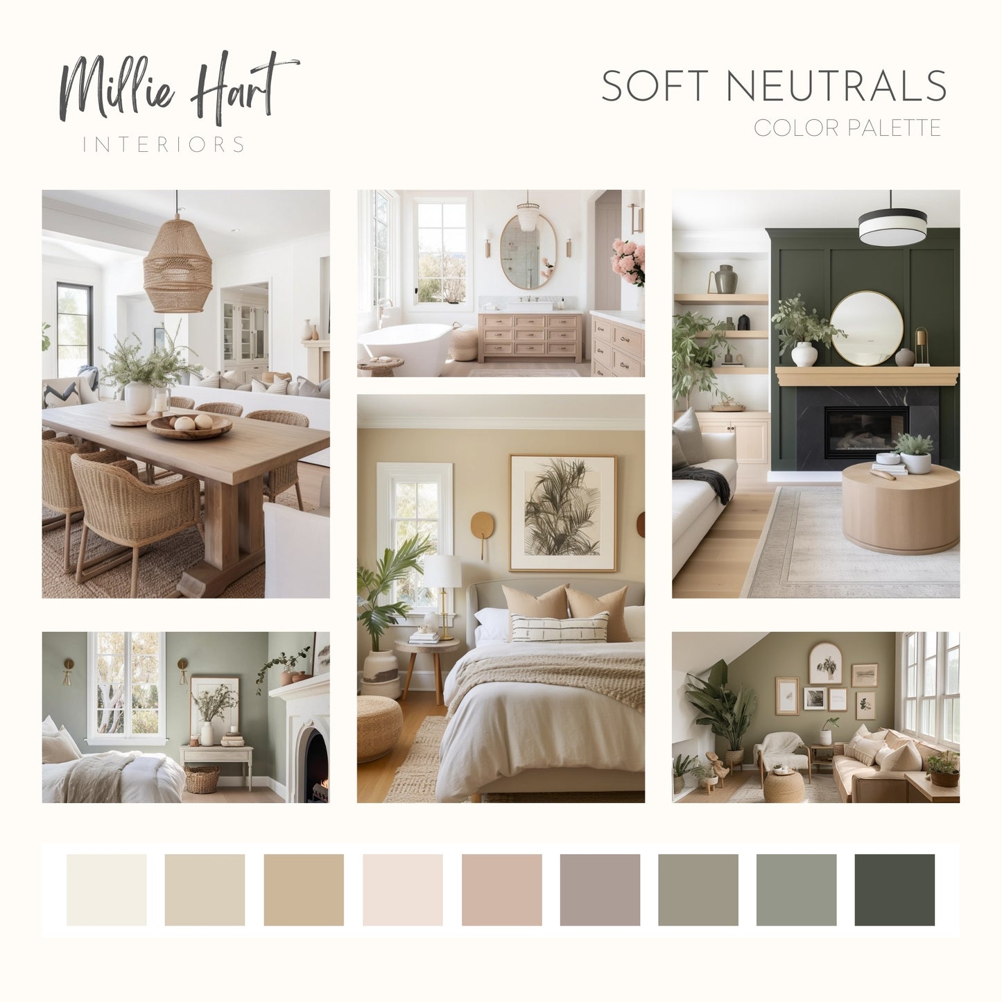 Soft Neutrals Benjamin Moore Paint Palette, Boho Neutral Interior Paint Colors, Modern Neutral Color Scheme, Warm Neutrals, Clay Beige