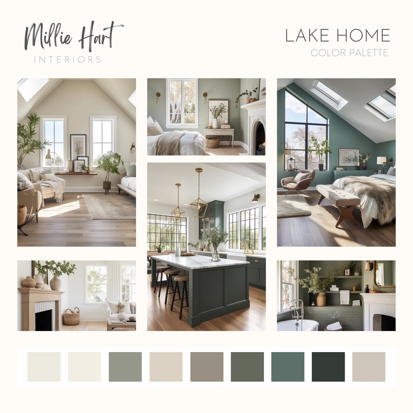 Lake Home Sherwin Williams Paint Palette - Modern Neutral Interior Paint Colors for Home, Coastal Interior Design Color Palette, Lake House, Sherwin Williams Evergreen Fog