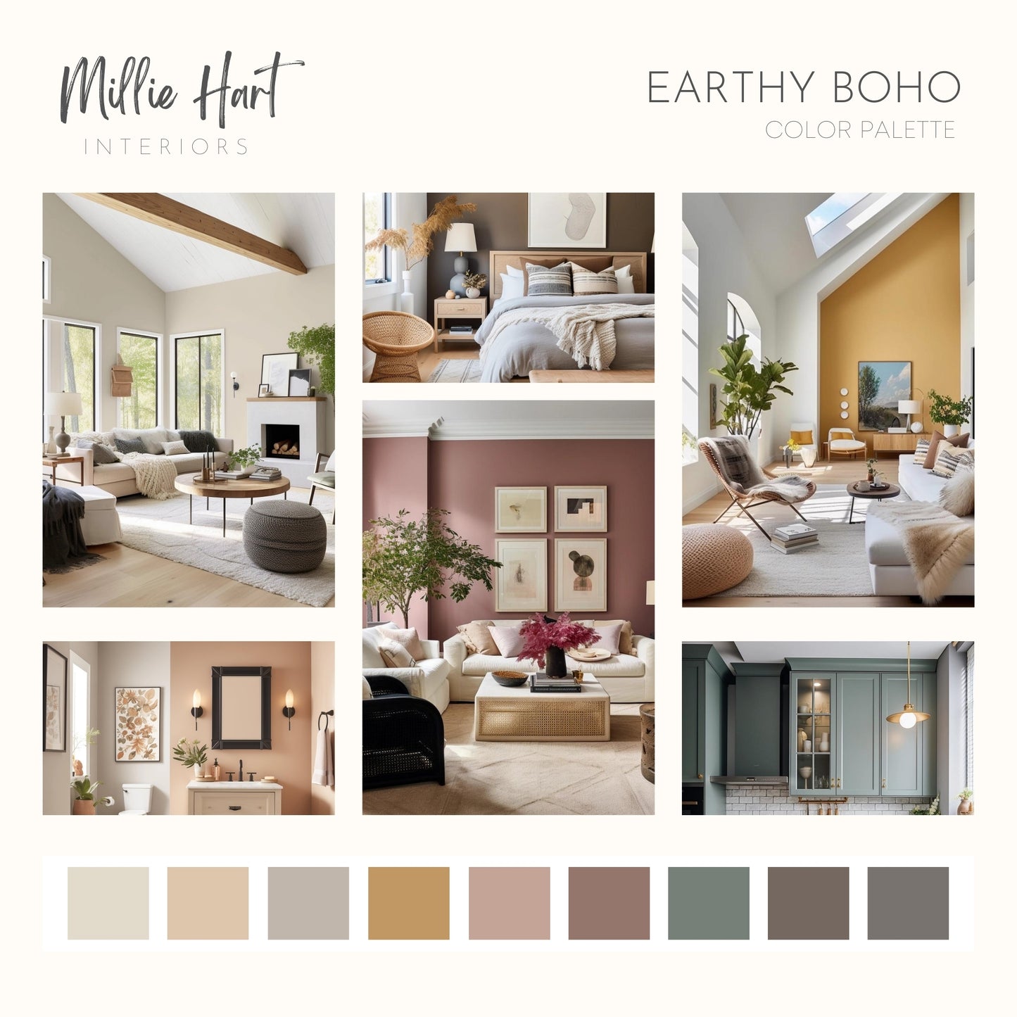 Earthy Boho Benjamin Moore Paint Palette, Neutral Interior Paint Colors, Earthy Color Scheme, White Sand