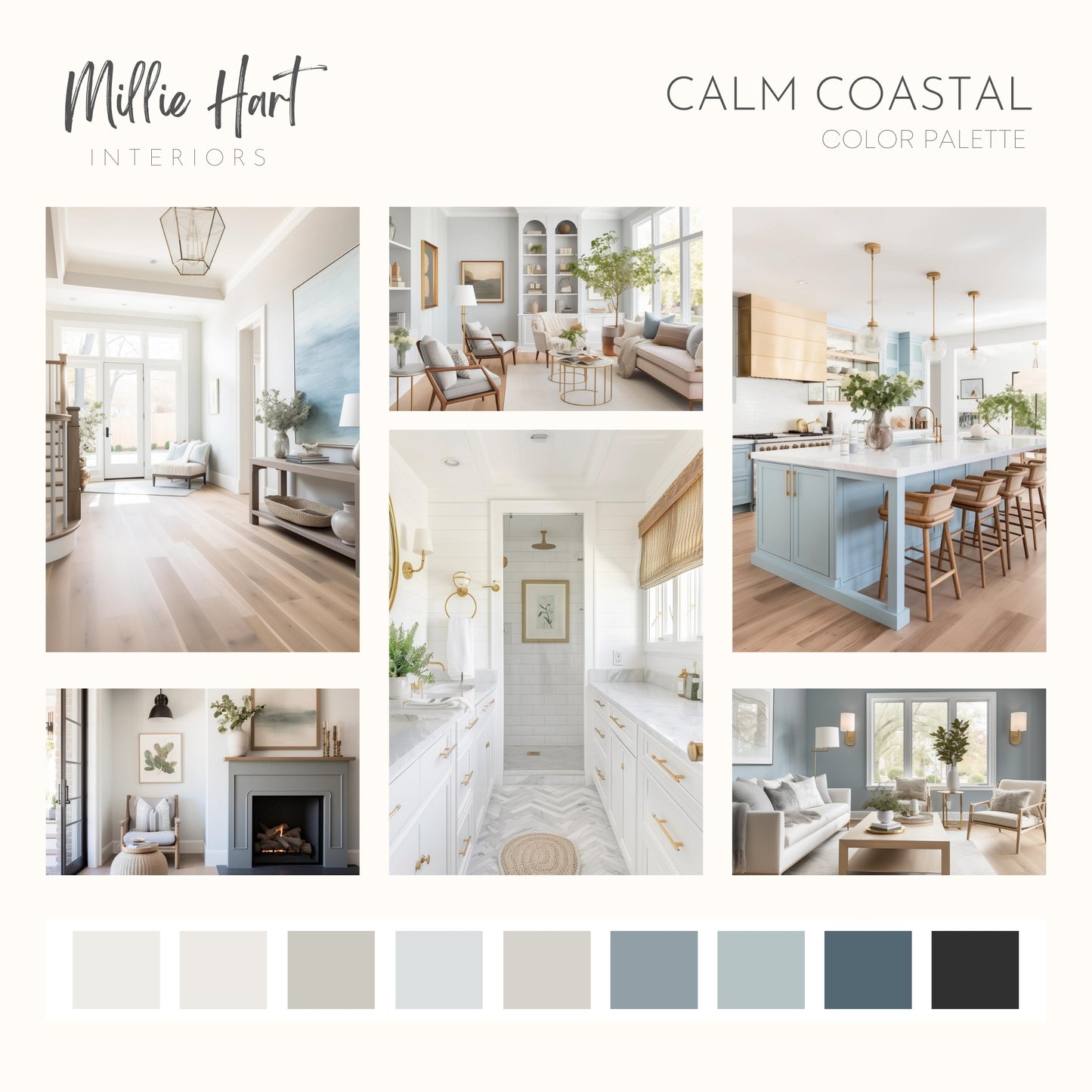 Calm Coastal Benjamin Moore Paint Palette - Modern Neutral Interior Paint Colors for Home, Coastal Interior Design Color Palette, Smoke