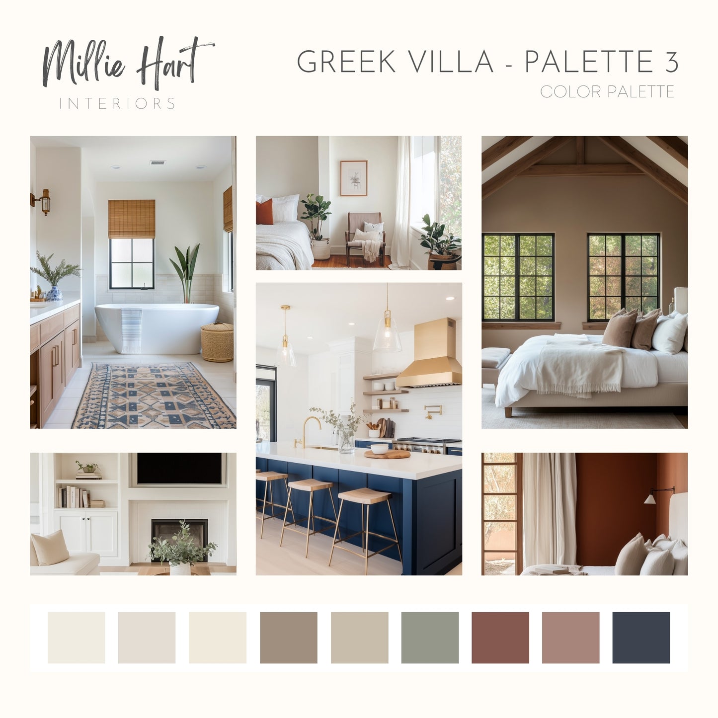 Greek Villa - Palette Three, Sherwin Williams Paint Palette, Neutral Interior Paint Colors, Rustic Mediterranean Coastal Color Scheme
