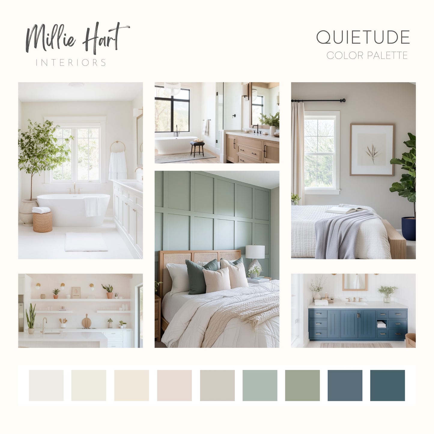 Quietude Sherwin Williams Paint Palette, Color of the Year, Modern Coastal, Cottage Interior Paint Colors for Home, Color Scheme, Alabaster