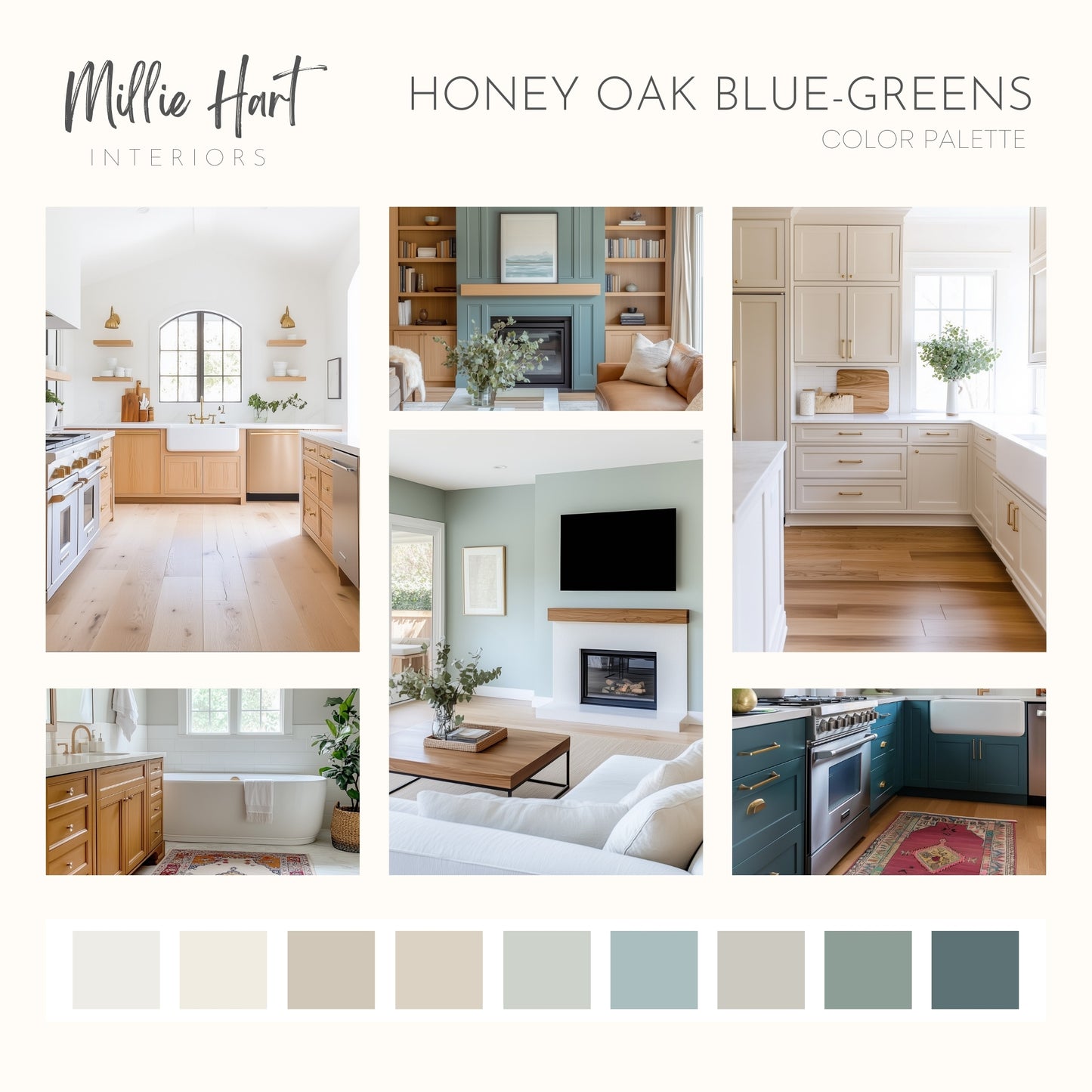 Honey Oak Blue Greens Benjamin Moore Paint Palette, Paint Colors for Home, Modern Neutrals, Color Scheme, Colors for Honey Oak, Elmira White