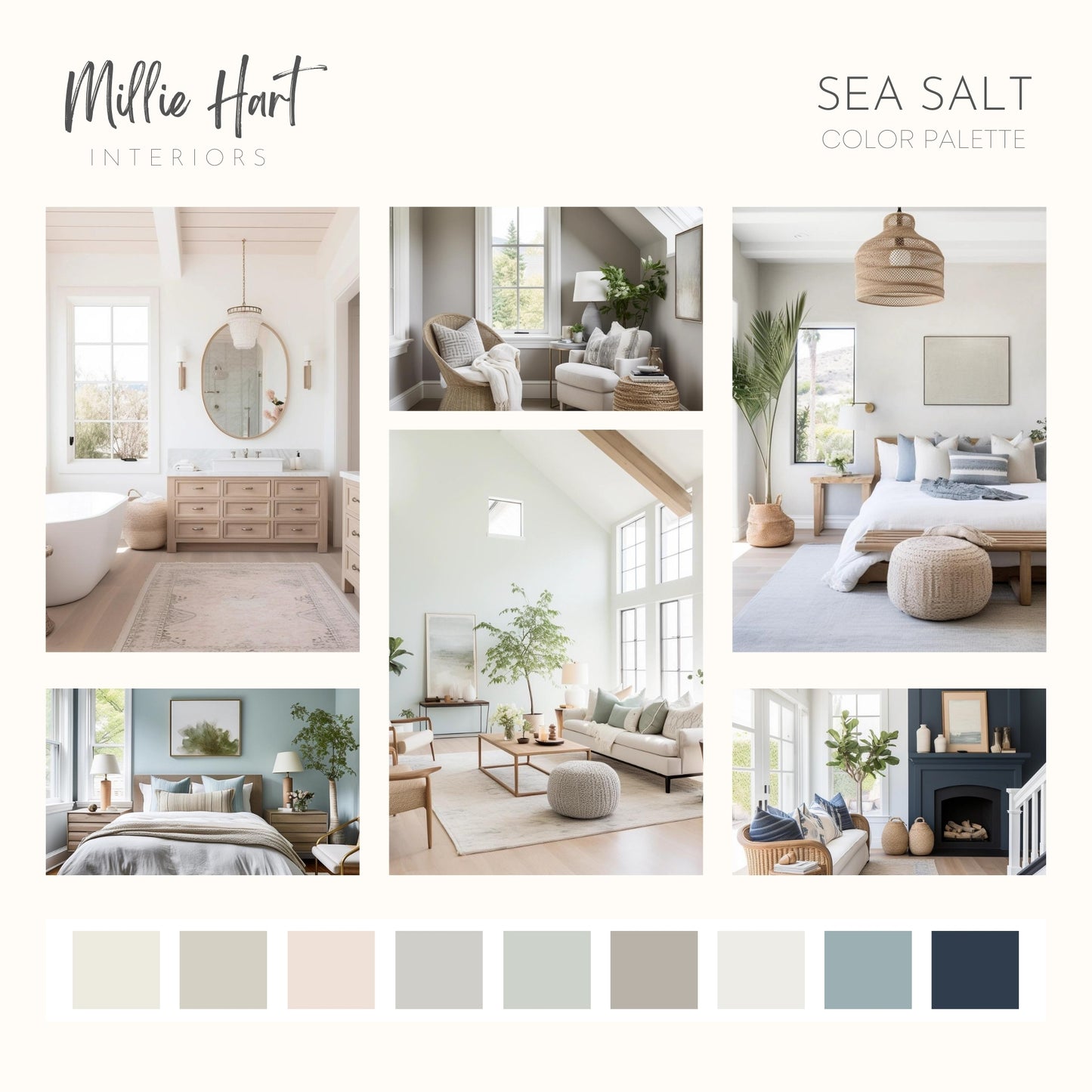 Sea Salt Benjamin Moore Paint Palette, Modern Coastal Interior Paint Colors for Home, Coastal Interior Design Color Palette, Simply White