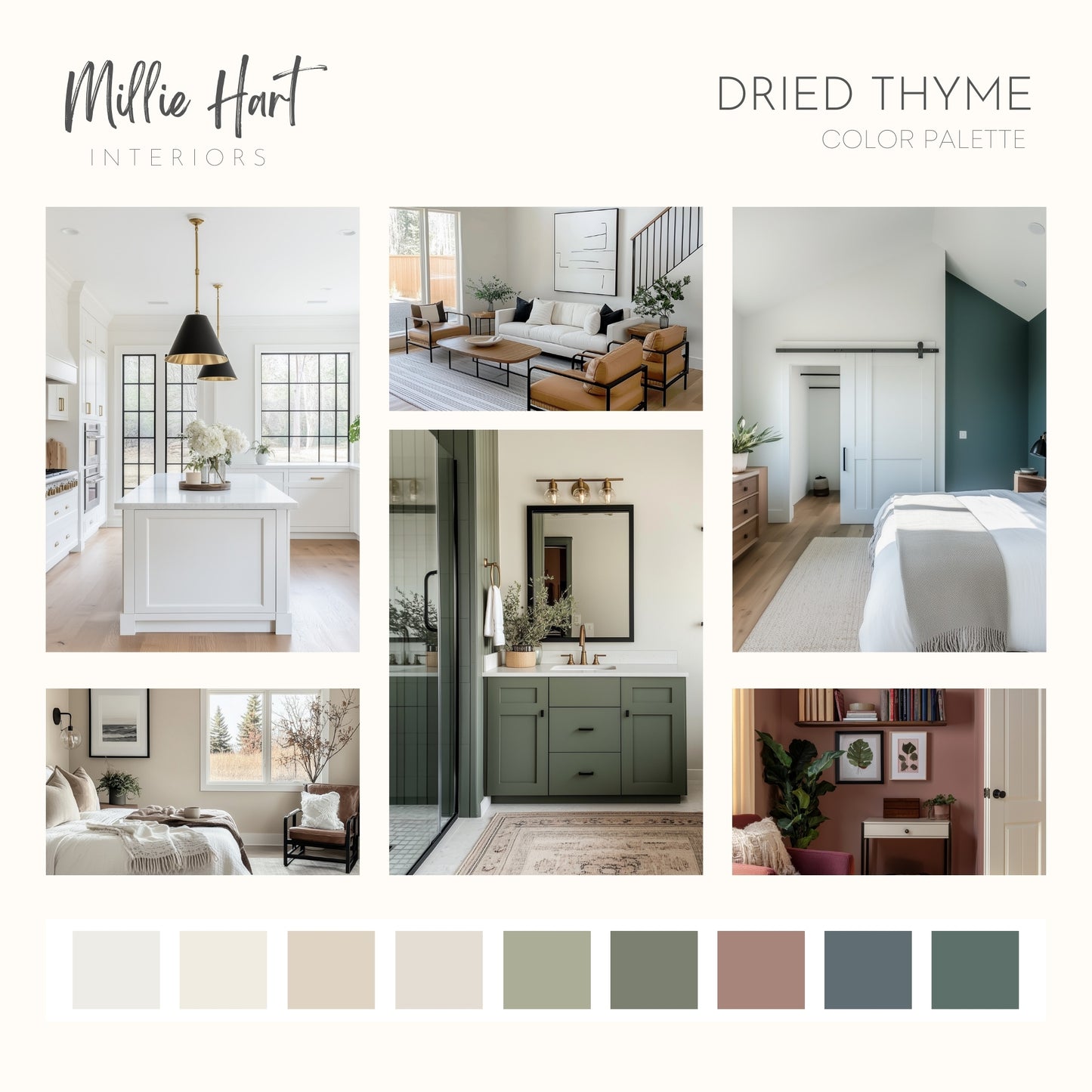 Dried Thyme Sherwin Williams Paint Palette, Timeless Neutral Interior Colors, Whole House Color Scheme, Earthy Green, Aesthetic White