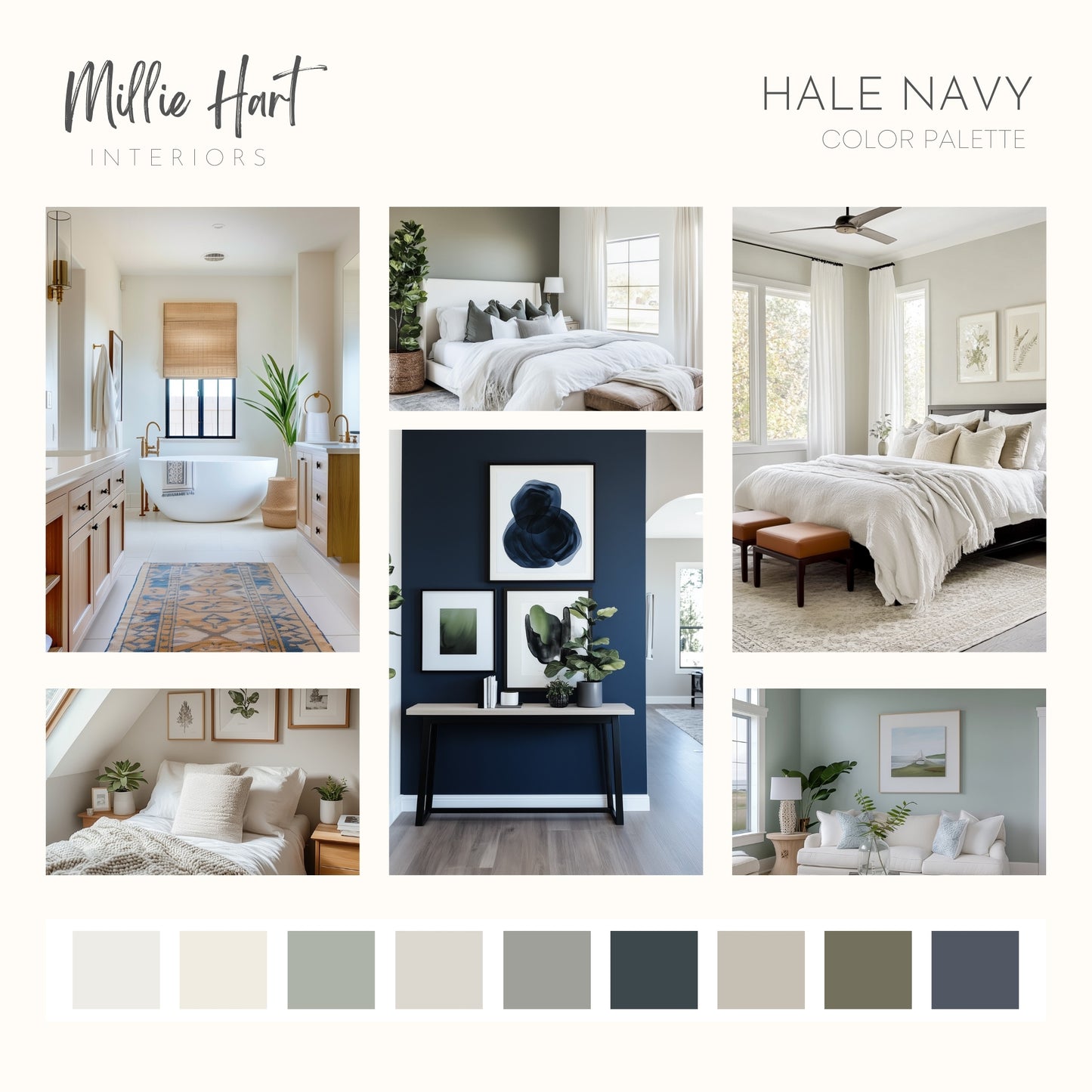 Hale Navy Benjamin Moore Paint Palette, Neutral Interior Paint Colors, Lake House Color Scheme, White Heron
