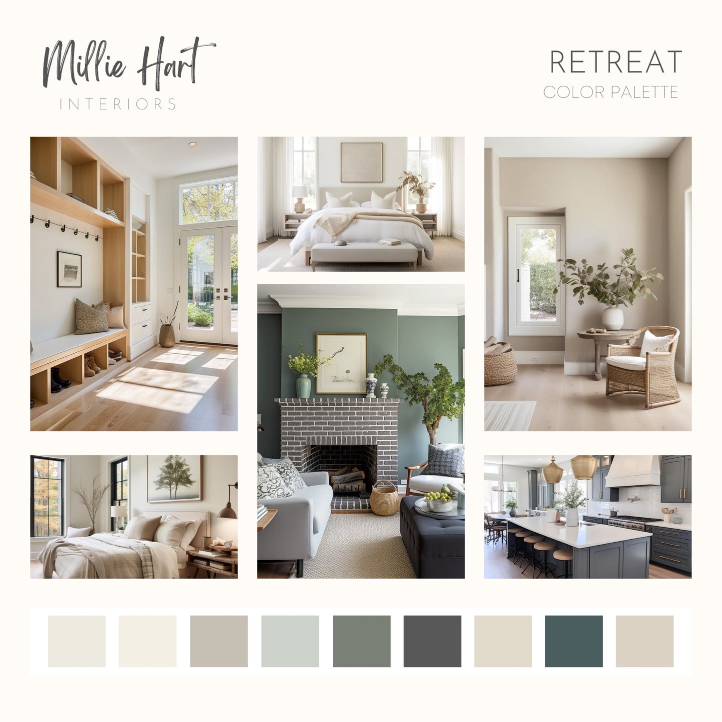 Retreat Sherwin Williams Paint Palette - Modern Neutral Interior Paint Colors for Home, Coastal Interior Design Color Palette, Lake House, Sherwin Williams Sea Salt
