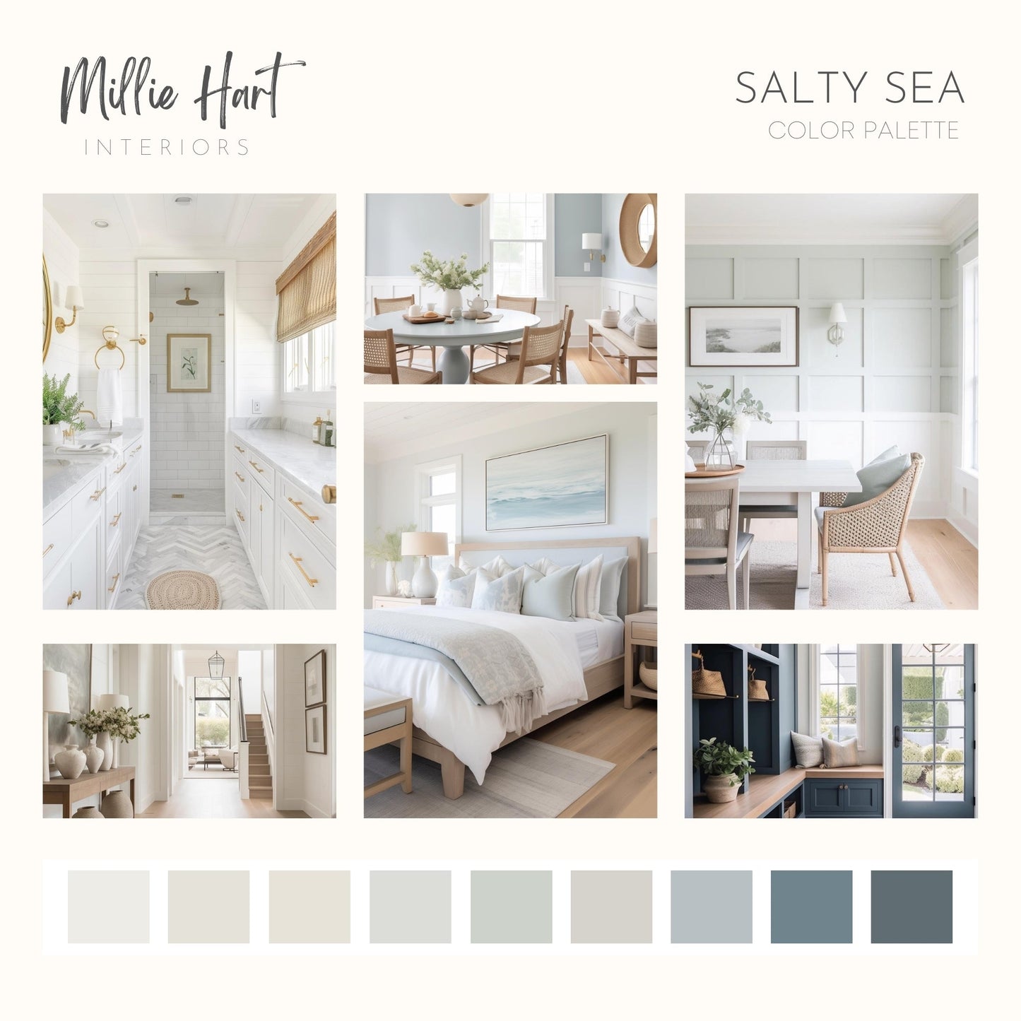 Salty Sea Benjamin Moore Paint Palette, Modern Coastal Interior Paint Colors for Home, Coastal Interior Design Color Palette, Airy Neutrals, Classic Gray