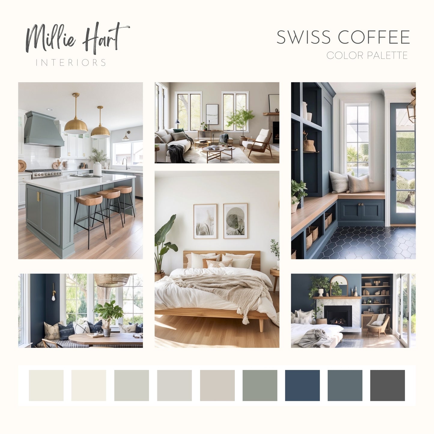 Swiss Coffee Benajmain Moore Paint Palette, Modern Neutral Interior Paint Colors for Home, Swiss Coffee Compliments, Warm Whites, Apparition