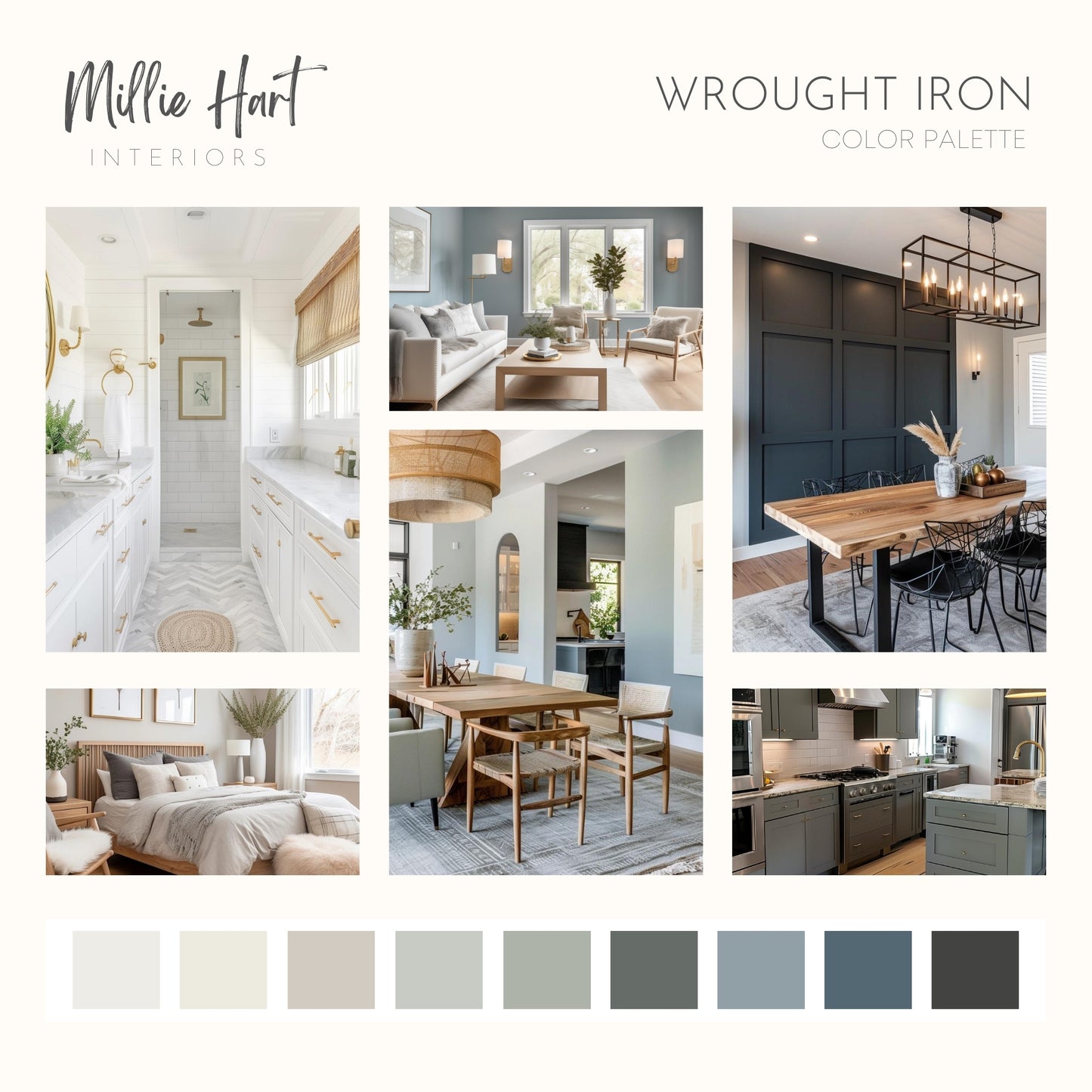 Wrought Iron Benjamin Moore Paint Palette, Modern Neutral Interior Paint Colors, Wrought Iron Color Scheme, Wrought Iron Compliments, Spellbound