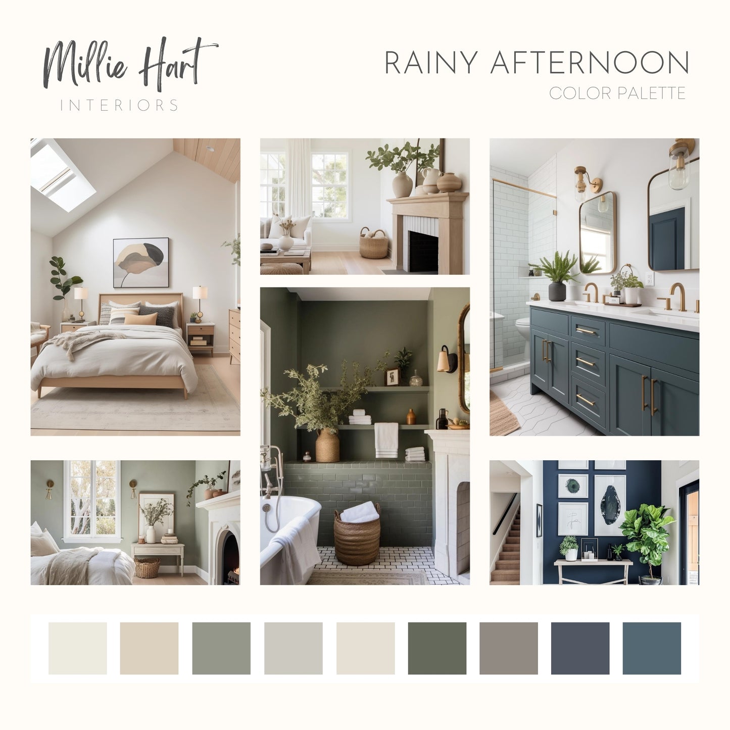 Rainy Afternoon Benjamin Moore Paint Palette, Modern Neutral Interior Paint Colors for Home, Rainy Afternoon Compliments, Warm Whites, White Dove