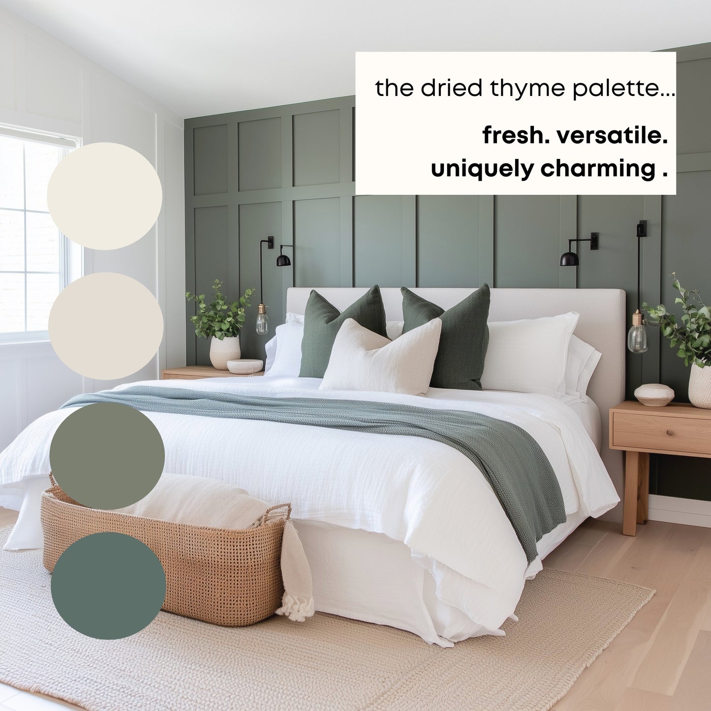 Dried Thyme Sherwin Williams Paint Palette, Timeless Neutral Interior Colors, Whole House Color Scheme, Earthy Green, Aesthetic White