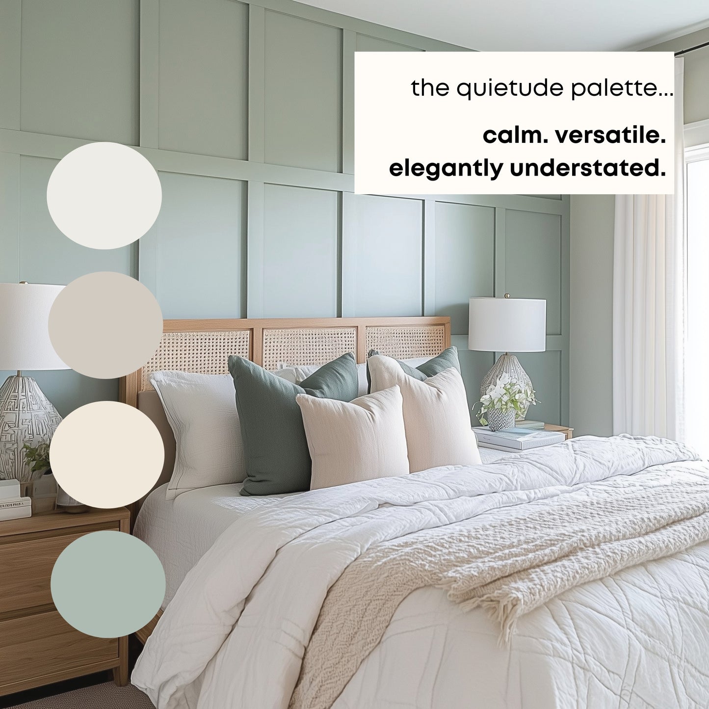 Quietude Sherwin Williams Paint Palette, Color of the Year, Modern Coastal, Cottage Interior Paint Colors for Home, Color Scheme, Alabaster