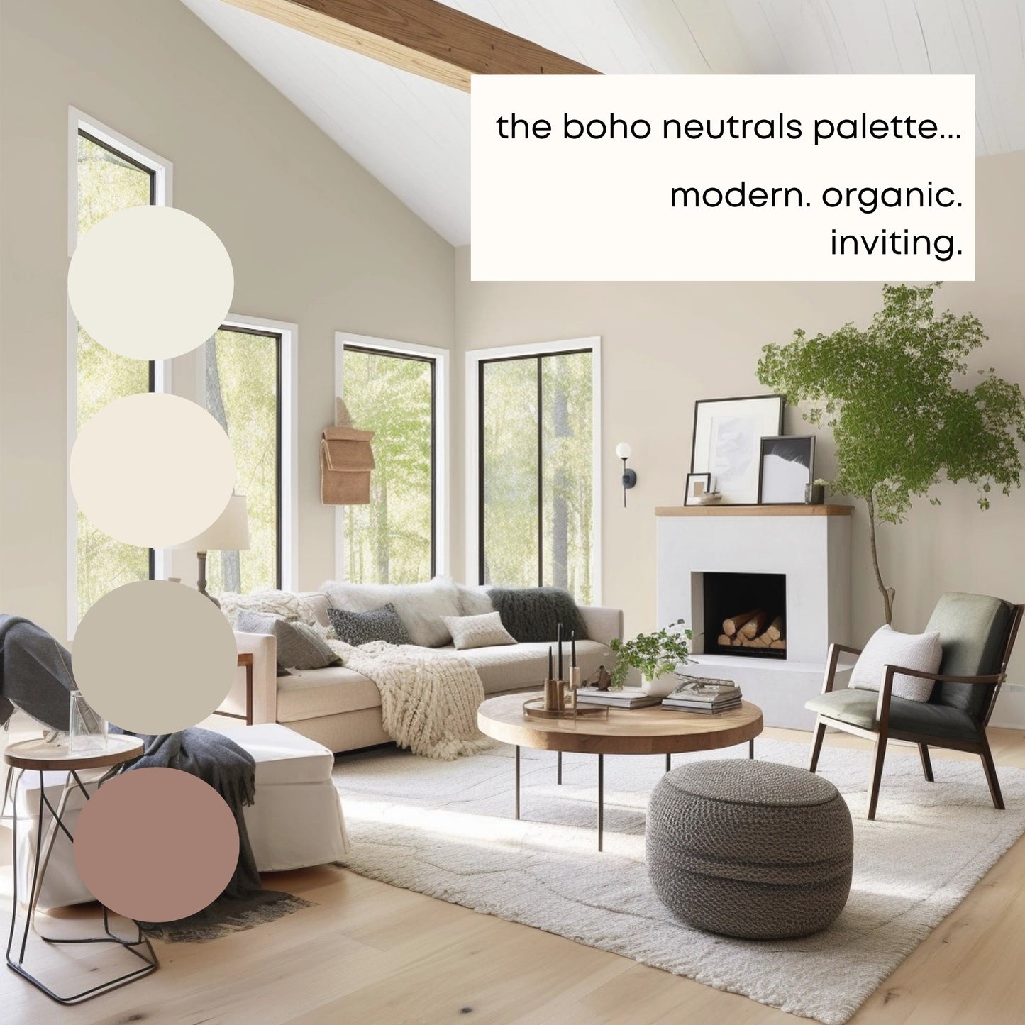 Boho Neutrals Benjamin Moore Paint Palette, Neutral Interior Paint Colors, Earthy Color Scheme, Vanderberg Blue Compliments, Warm Neutrals
