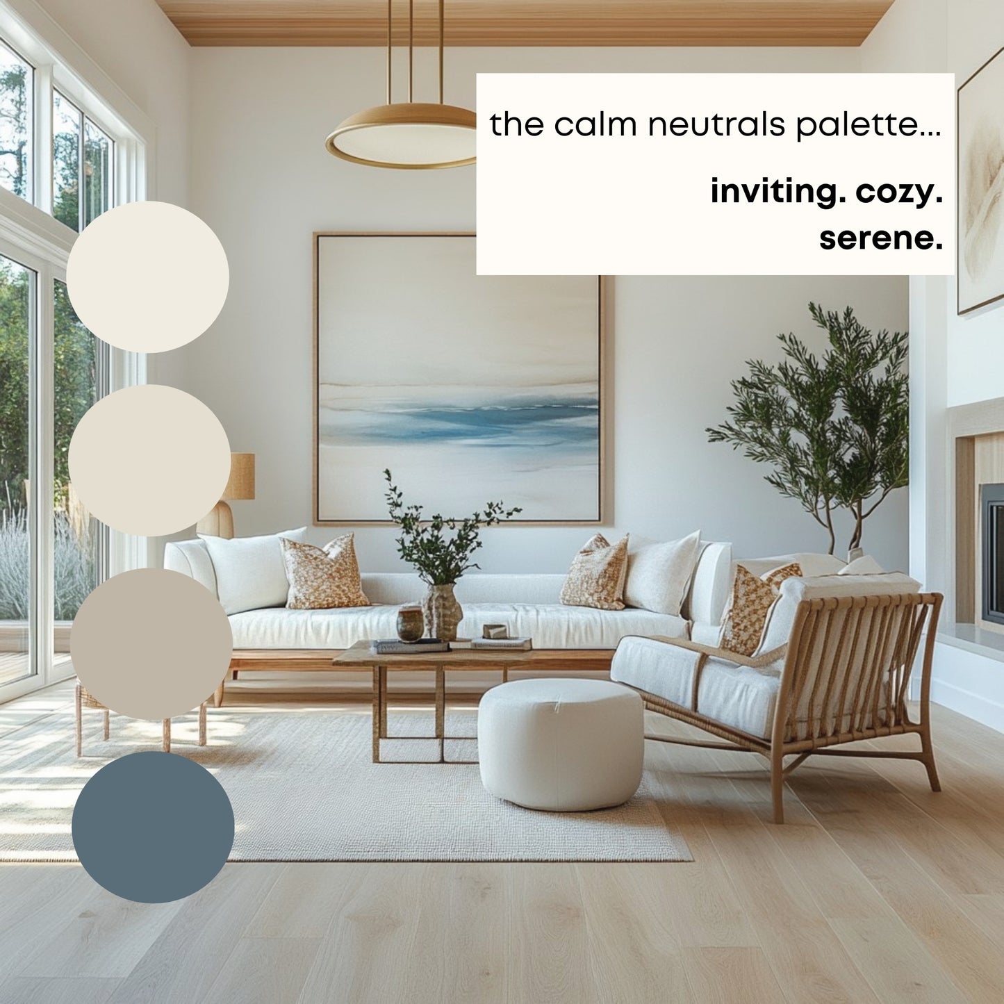 Calm Neutrals Benjamin Moore Paint Palette, Calm Neutral Interior Paint Colors, Beach House Coastal Color Scheme, Pale Oak