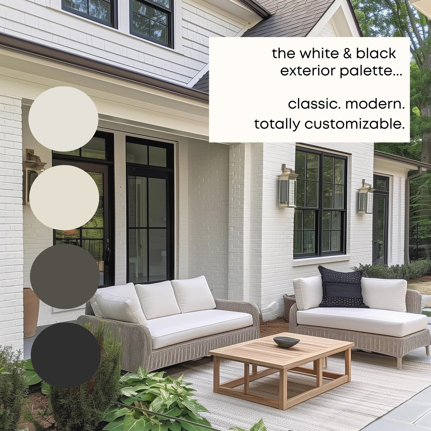 White and Black Exterior Benjamin Moore Paint Palette, Neutral Interior Paint Colors, Modern Farmhouse Color Scheme, White Heron