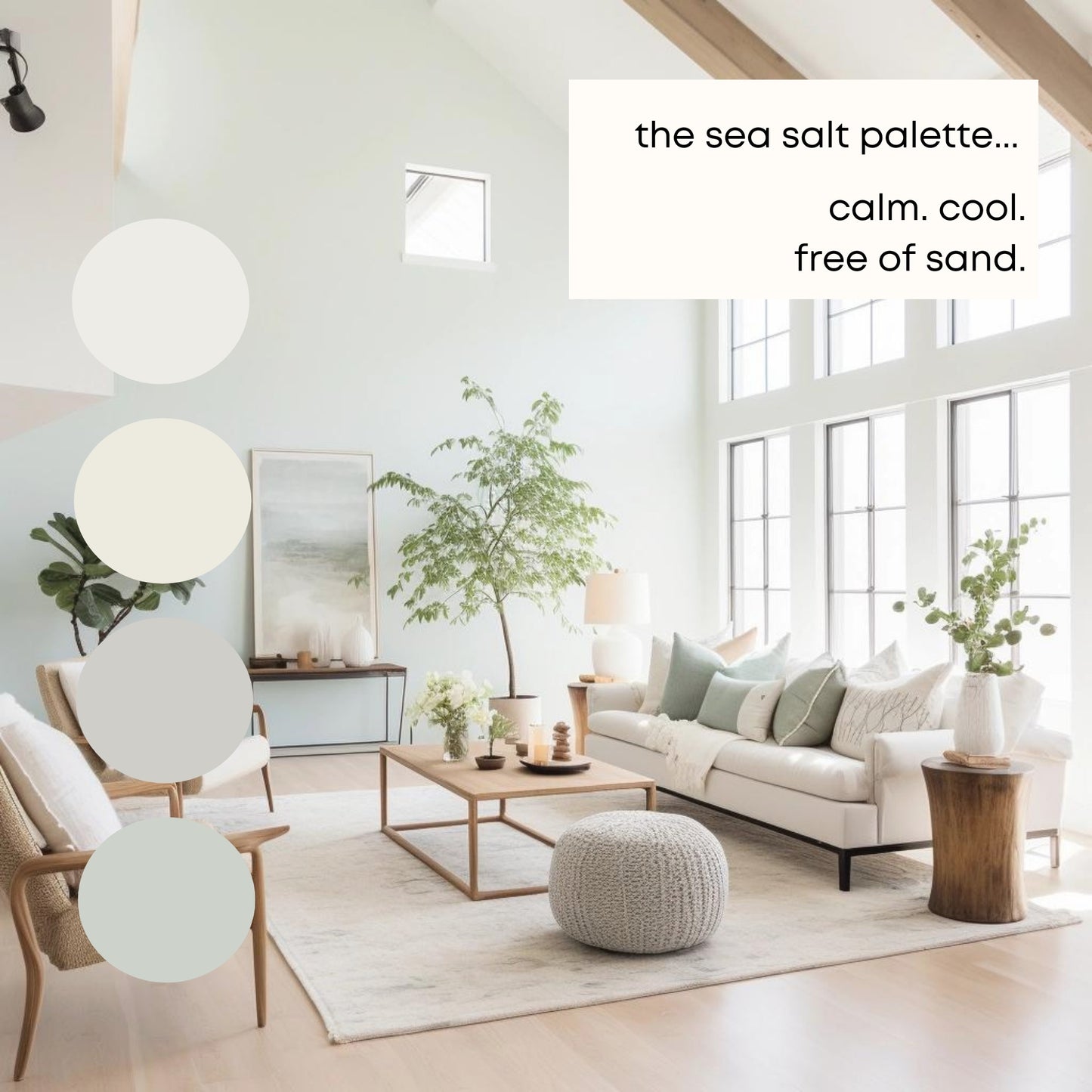 Sea Salt Benjamin Moore Paint Palette, Modern Coastal Interior Paint Colors for Home, Coastal Interior Design Color Palette, Simply White