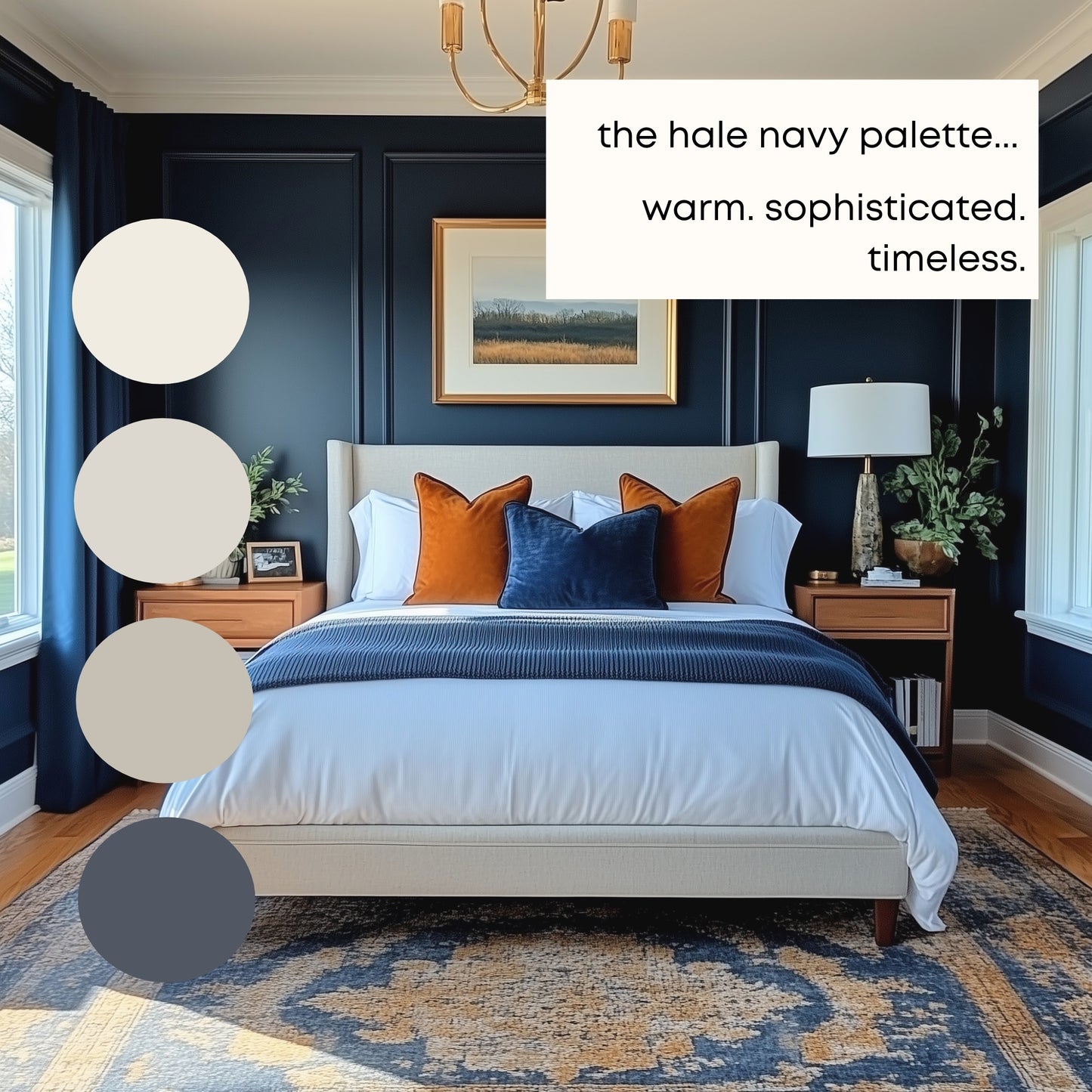 Hale Navy Benjamin Moore Paint Palette, Neutral Interior Paint Colors, Lake House Color Scheme, White Heron