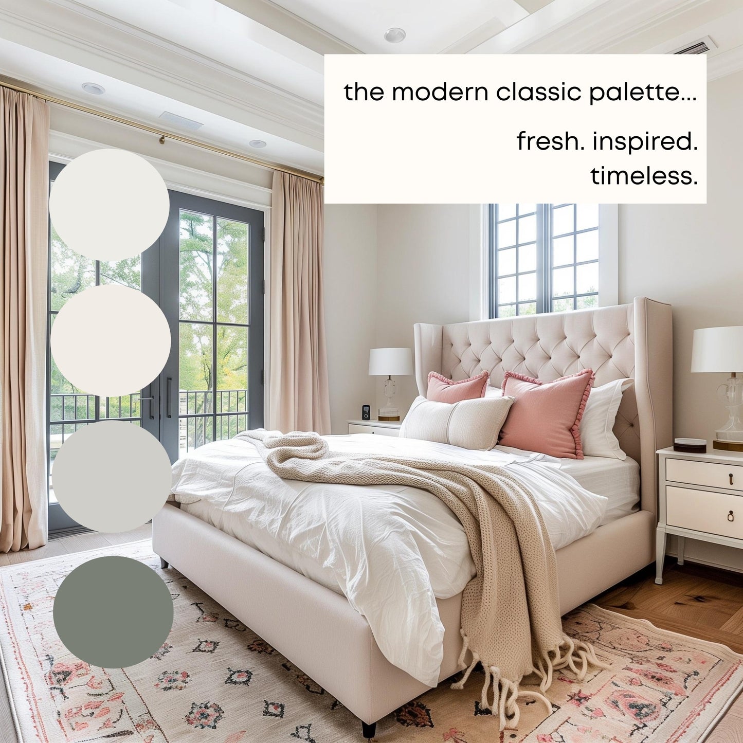 Modern Classic Benjamin Moore Paint Palette, Warm Neutrals, Interior Paint Colors, Coordinating Interior Design, Color Palette, Swiss Coffee