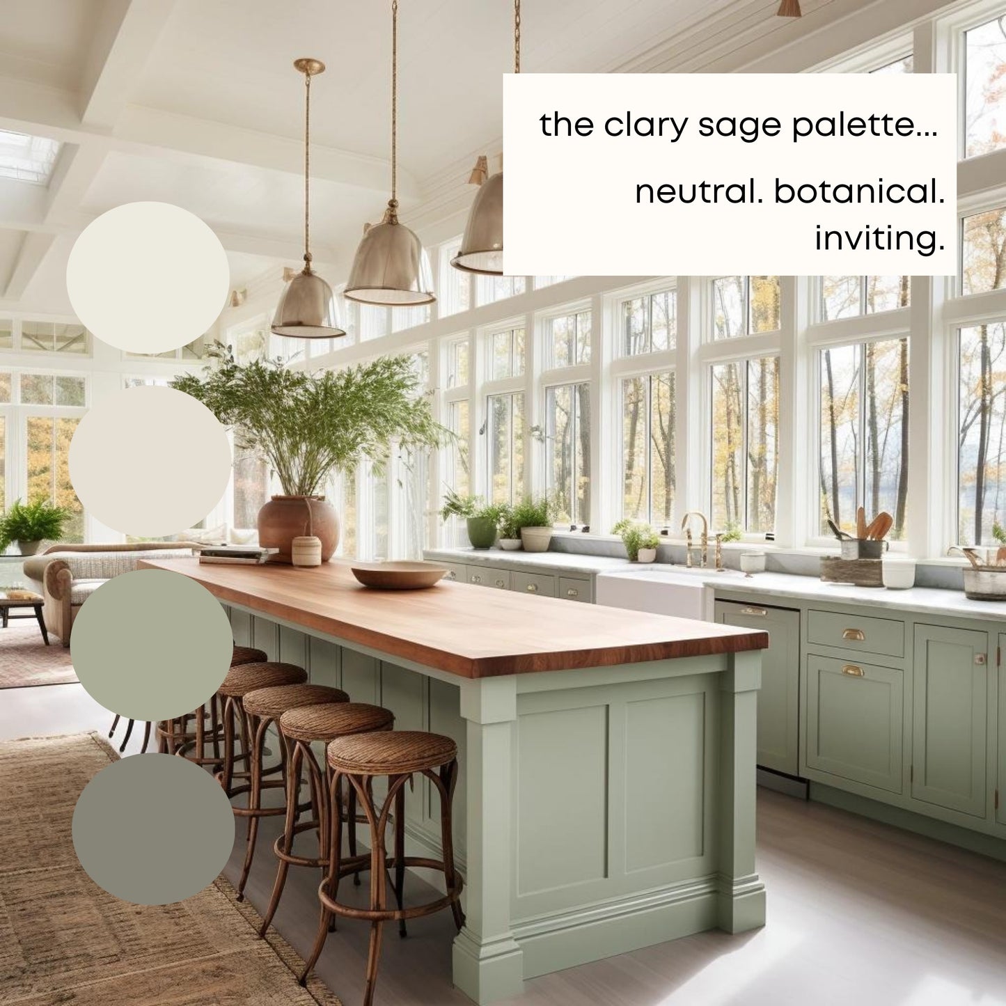 Clary Sage Sherwin Williams Paint Palette, Warm Neutral Interior Paint Colors, Cottage Color Scheme, Creamy