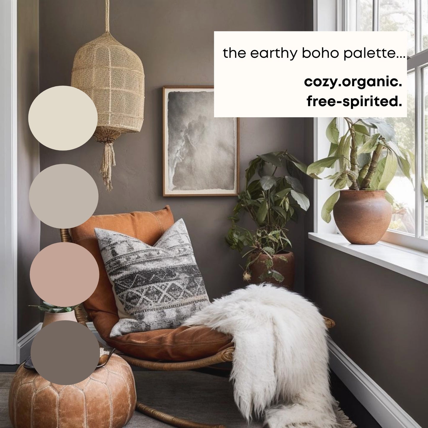 Earthy Boho Benjamin Moore Paint Palette, Neutral Interior Paint Colors, Earthy Color Scheme, White Sand