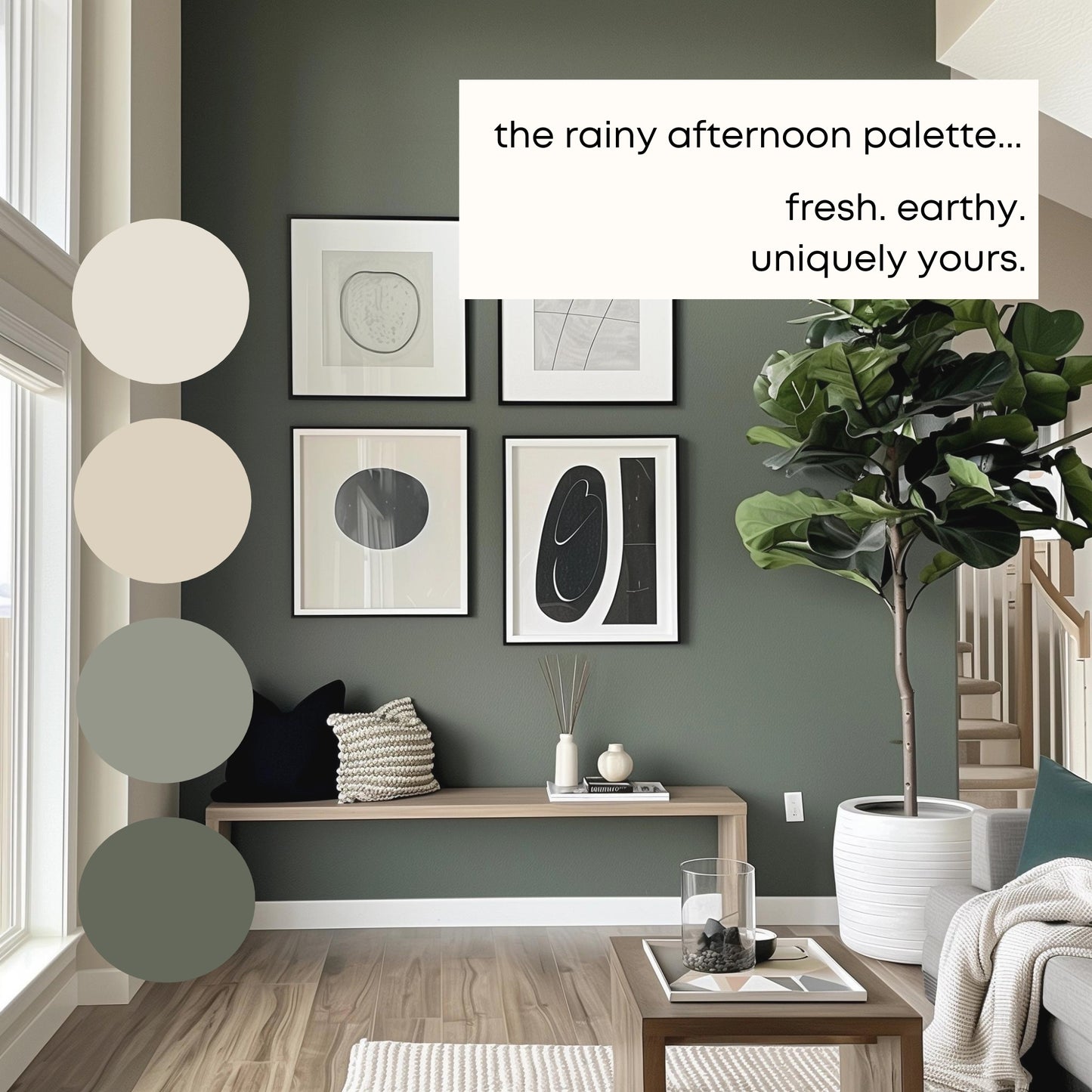 Rainy Afternoon Benjamin Moore Paint Palette, Modern Neutral Interior Paint Colors for Home, Rainy Afternoon Compliments, Warm Whites, White Dove