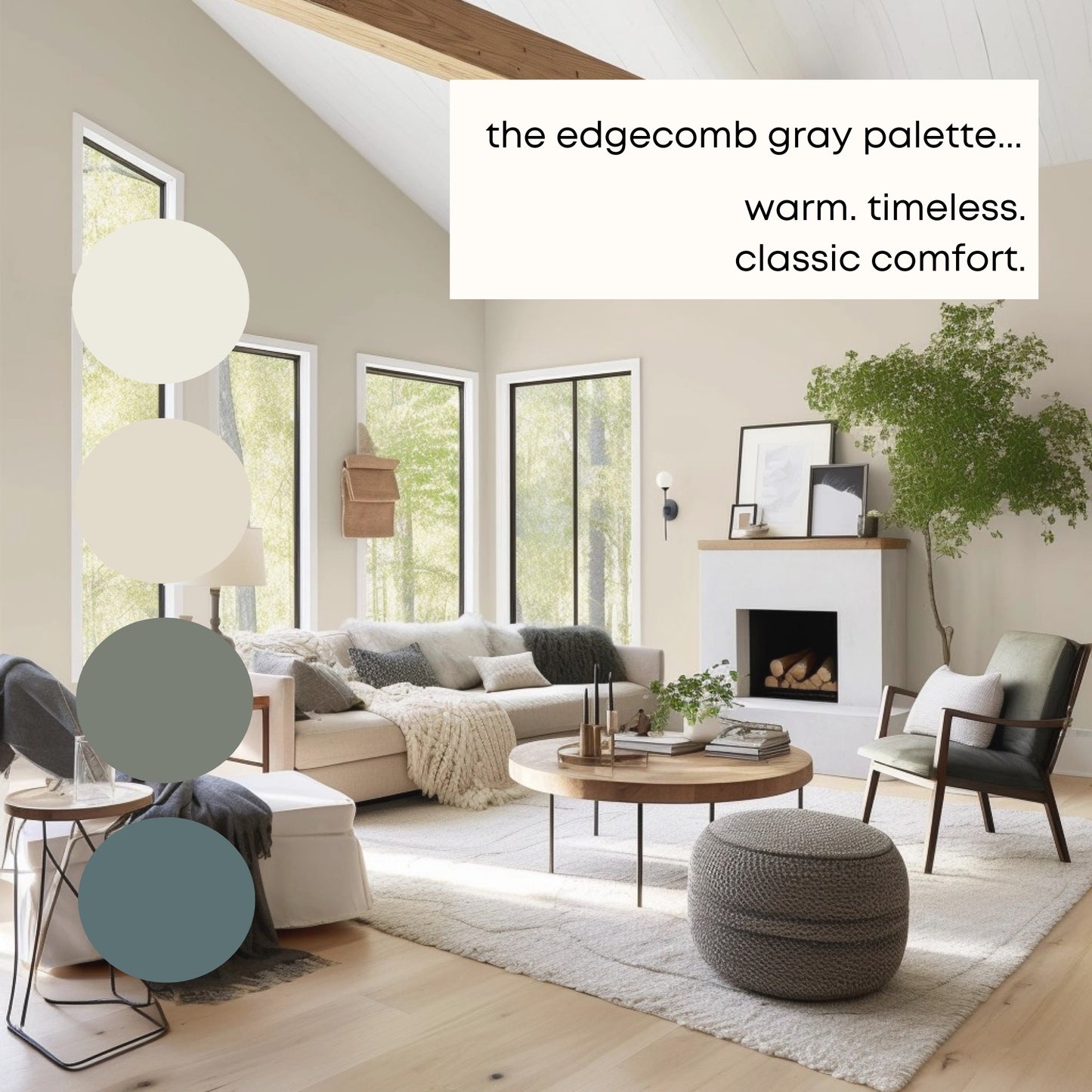 Edgecomb Gray Benjamin Moore Paint Palette, Modern Neutral Interior Paint Colors for Home, Edgecomb Gray Compliments, Warm Whites, Mount Saint Anne