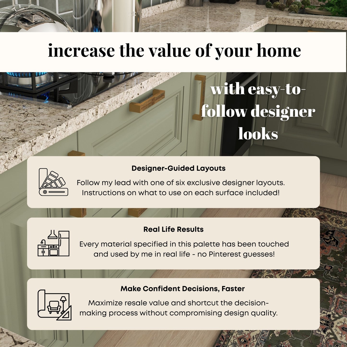 Timeless Sage Green Kitchen Materials Palette, Materials and Paint Colors for Renovation and New Build Kitchen Projects