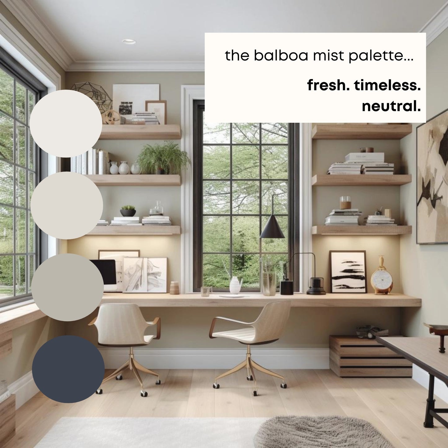 Balboa Mist Benjamin Moore Paint Palette, Neutral Interior Paint Colors, Balboa Mist Color Scheme, Balboa Mist Compliments, Warm Neutral Paint, White Dove