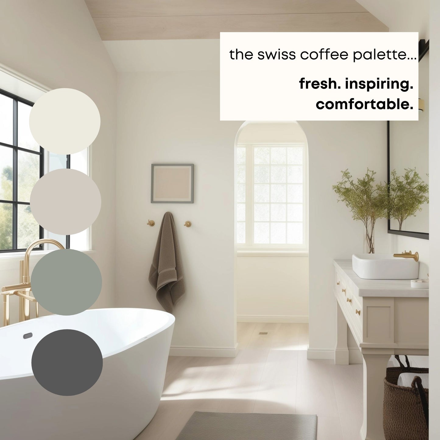 Swiss Coffee Benajmain Moore Paint Palette, Modern Neutral Interior Paint Colors for Home, Swiss Coffee Compliments, Warm Whites, Apparition