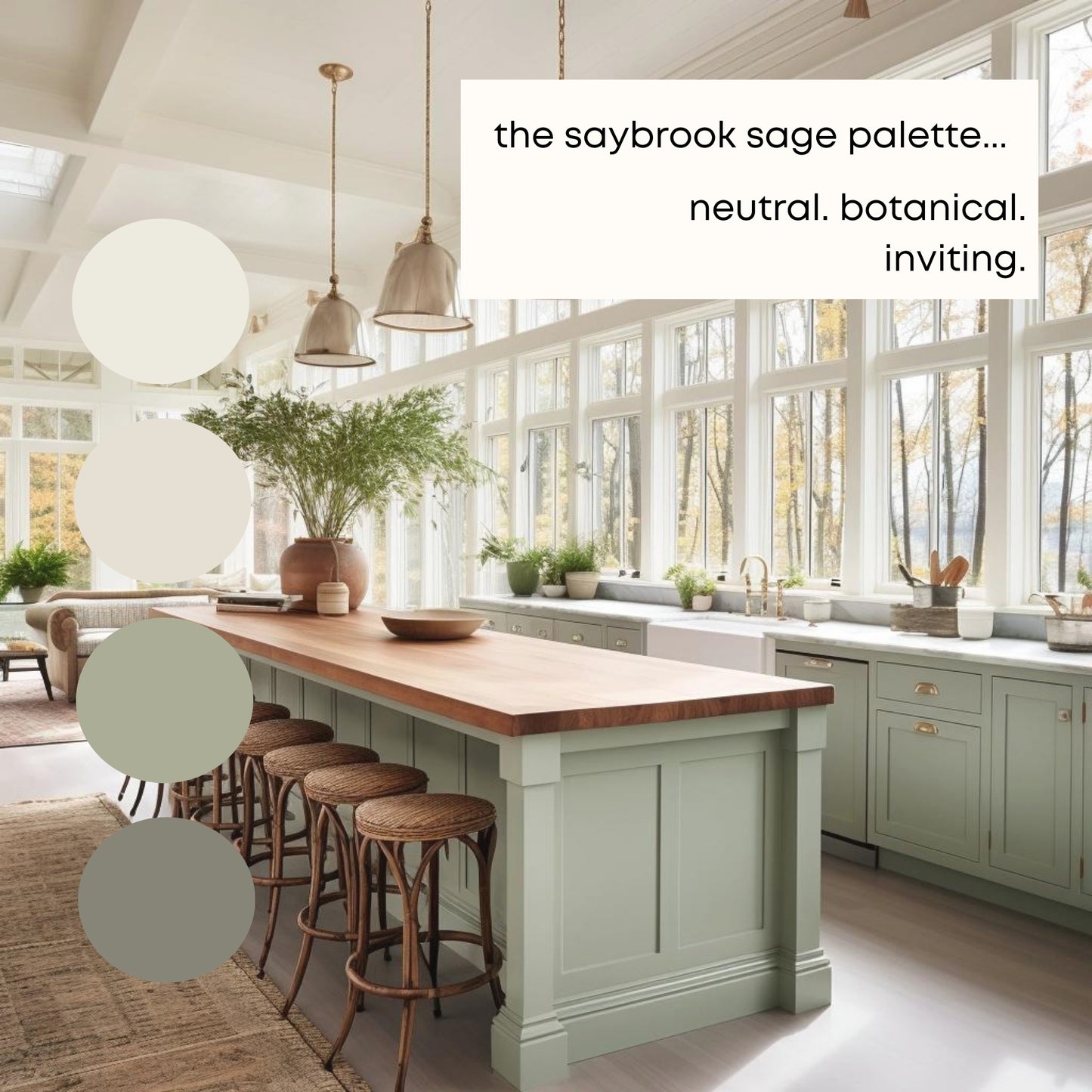 Saybrook Sage Benjamin Moore Paint Palette, Warm Neutral Interior Paint Colors, Cottage Color Scheme, White Dove