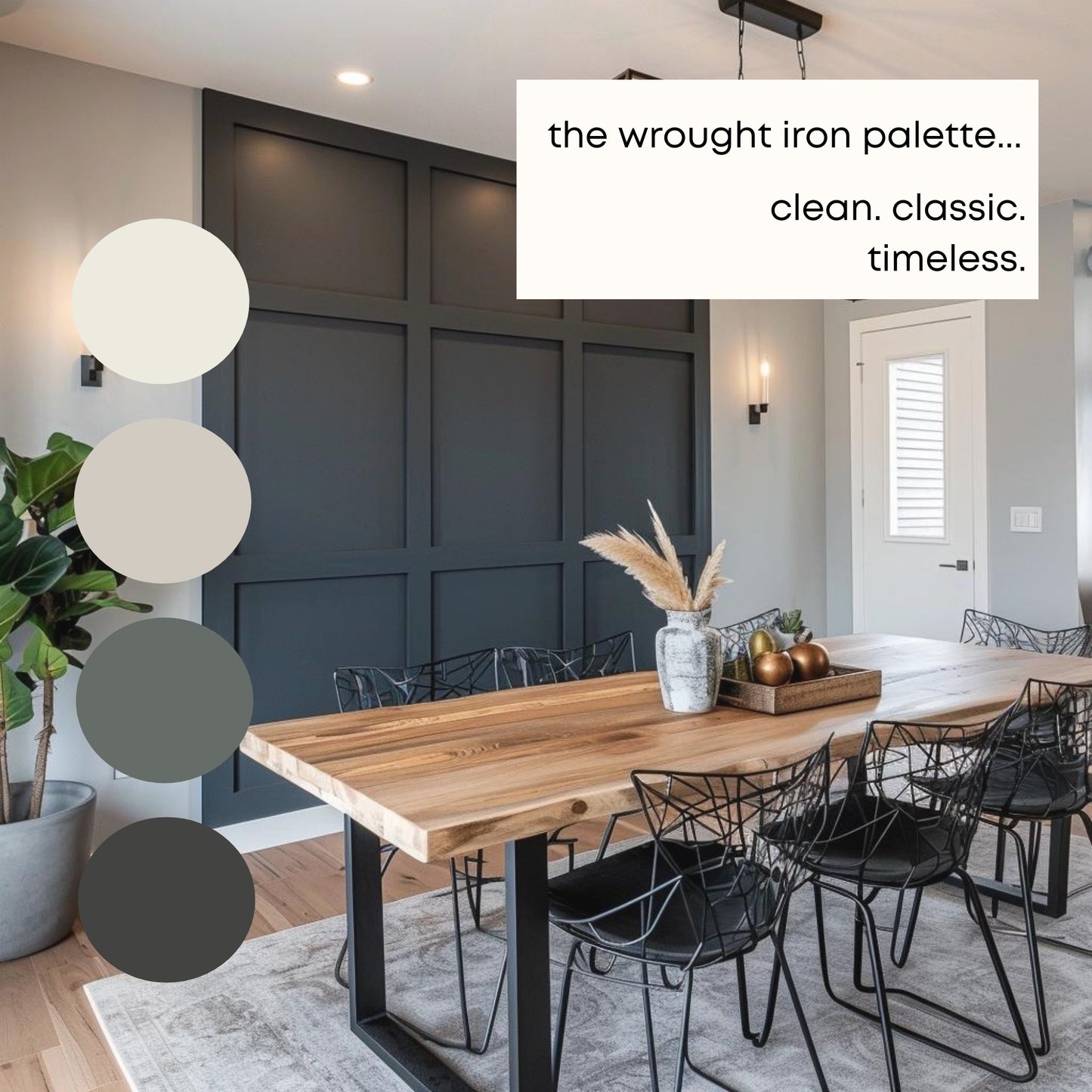 Wrought Iron Benjamin Moore Paint Palette, Modern Neutral Interior Paint Colors, Wrought Iron Color Scheme, Wrought Iron Compliments, Spellbound