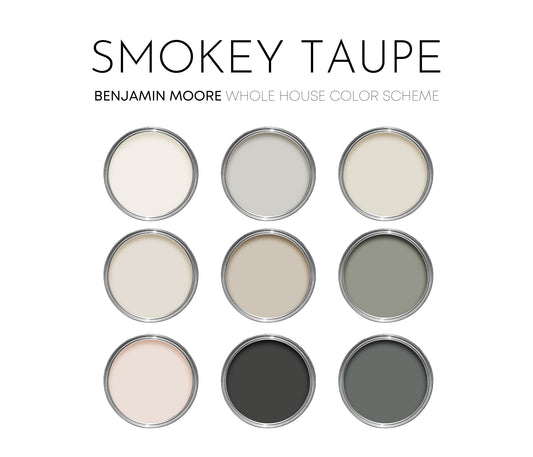 Smokey Taupe Benjamin Moore Paint Palette, Modern Neutral Interior Paint Colors for Home, Smokey Taupe Compliments, Warm Whites, Fog Mist
