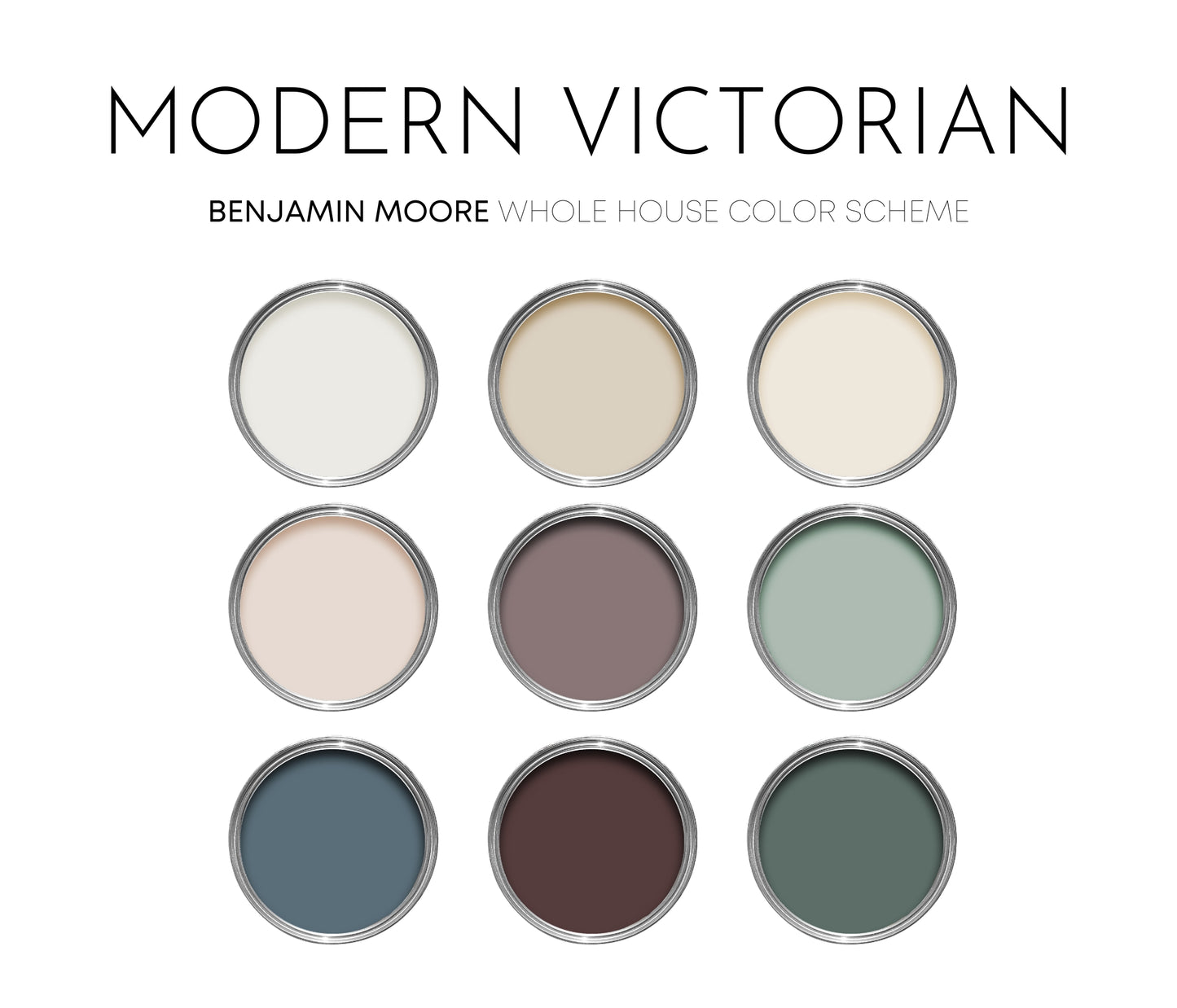Modern Victorian Benjamin Moore Paint Palette, Paint Colors for Home, Modern Neutrals, Color Scheme, Victorian Color Scheme, Cinnamon Slate
