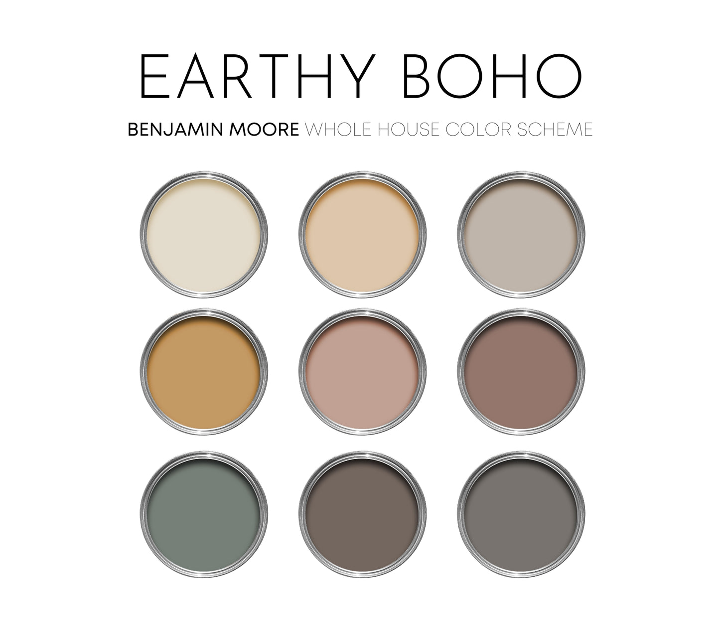 Earthy Boho Benjamin Moore Paint Palette, Neutral Interior Paint Colors, Earthy Color Scheme, White Sand