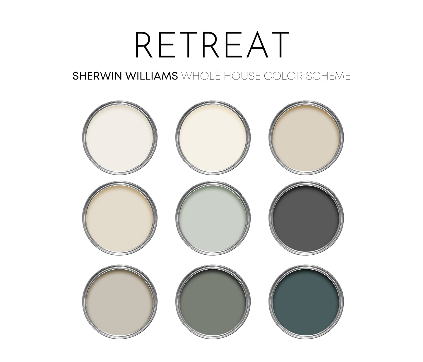 Retreat Sherwin Williams Paint Palette - Modern Neutral Interior Paint Colors for Home, Coastal Interior Design Color Palette, Lake House, Sherwin Williams Sea Salt