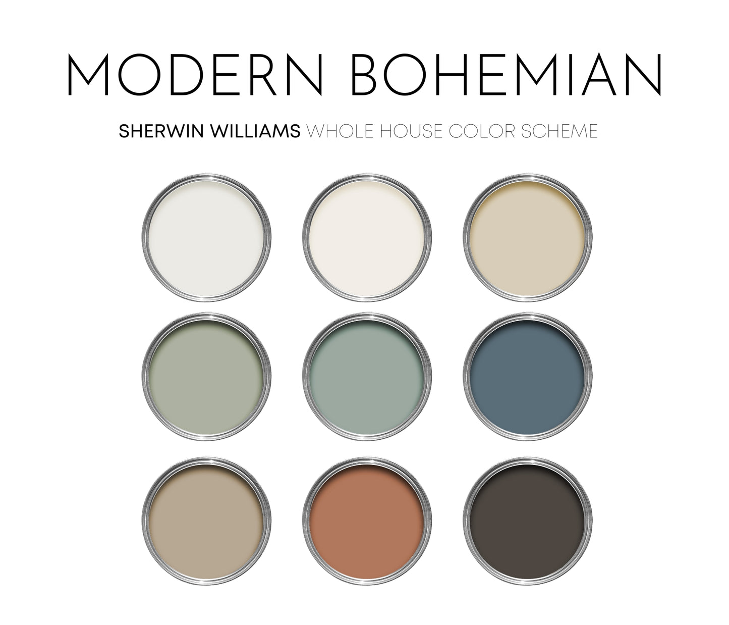 Modern Bohemian Sherwin Williams Paint Palette, Warm Neutrals, Moody Interior Paint Colors, Boho Color Palette, Halcyon Green
