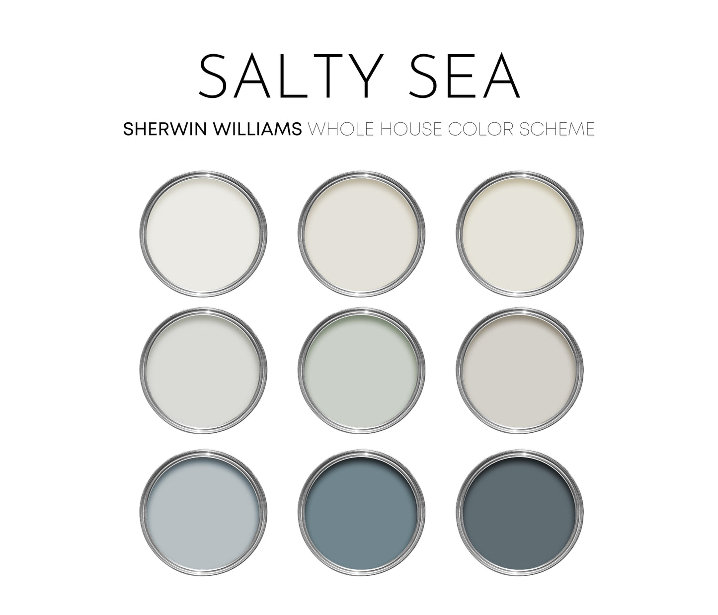 Salty Sea Sherwin Williams Paint Palette, Modern Coastal Interior Paint Colors for Home, Coastal Interior Design Color Palette, Airy Neutrals, Pure White
