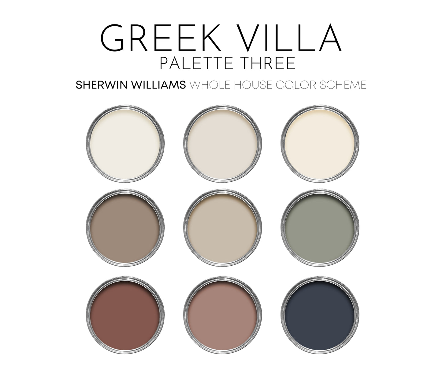 Greek Villa - Palette Three, Sherwin Williams Paint Palette, Neutral Interior Paint Colors, Rustic Mediterranean Coastal Color Scheme