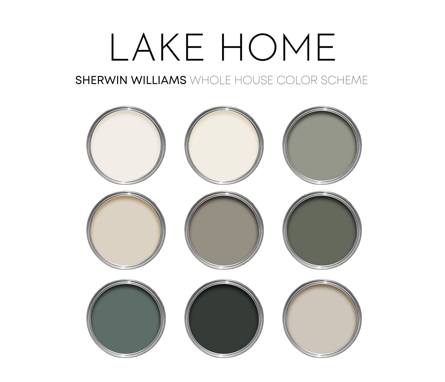 Lake Home Sherwin Williams Paint Palette - Modern Neutral Interior Paint Colors for Home, Coastal Interior Design Color Palette, Lake House, Sherwin Williams Evergreen Fog