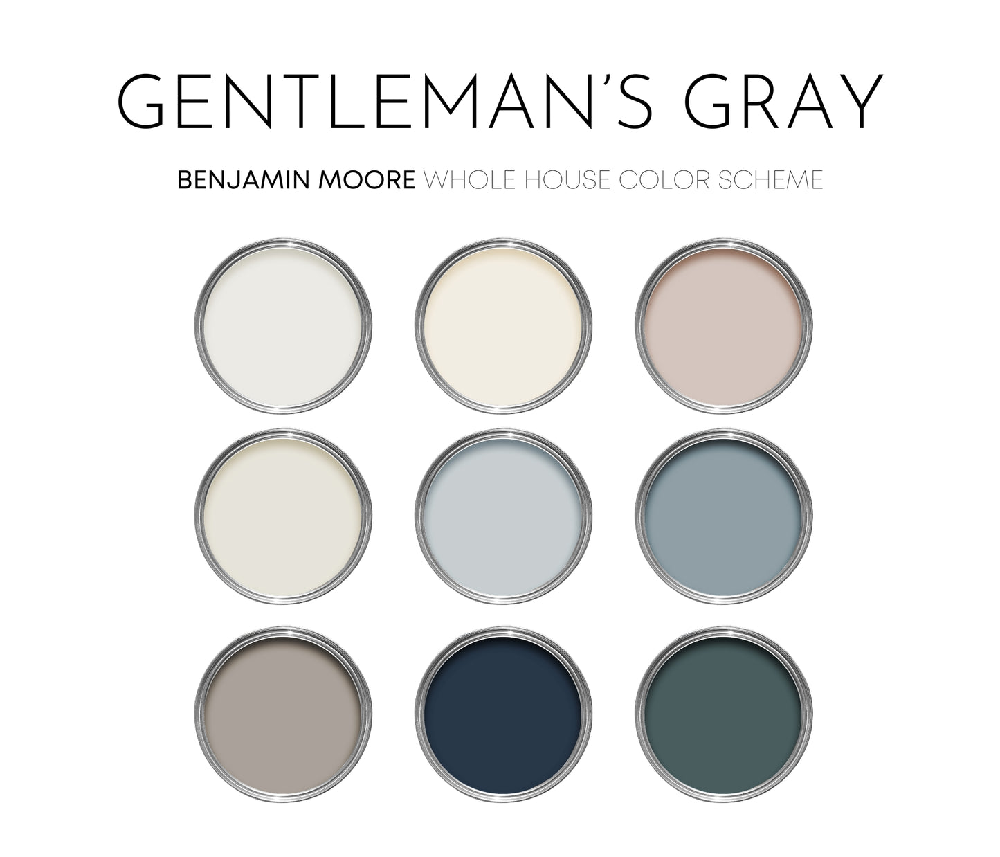Gentleman's Gray Benjamin Moore Paint Palette, Neutral Interior Paint Colors, Coastal Color Scheme, Cloud White