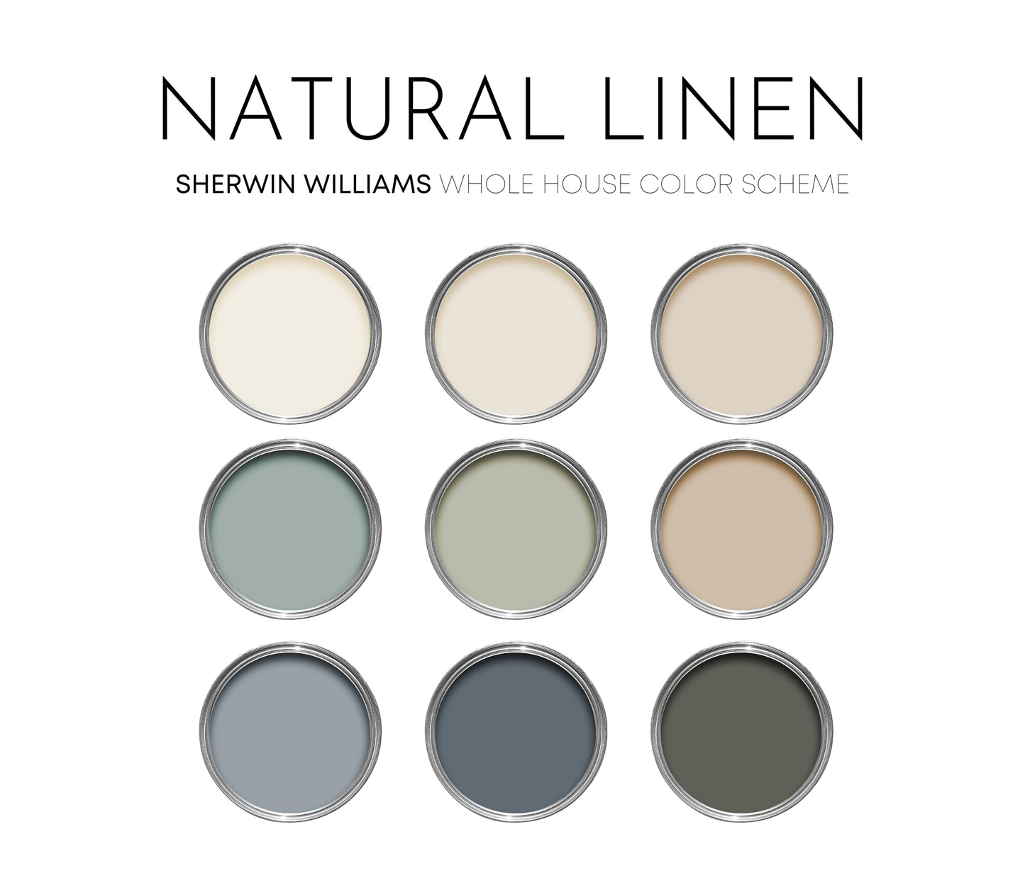 Natural Linen Sherwin Williams Paint Palette, Neutral Interior Paint Colors, Transitional, Mediterranean Coastal Color Scheme
