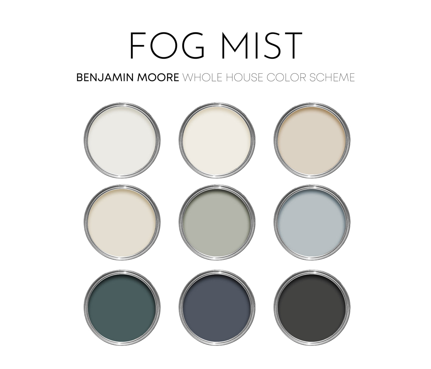 Fog Mist Benjamin Moore Paint Palette, Neutral Interior Paint Colors, Lake House Color Scheme, Hale Navy