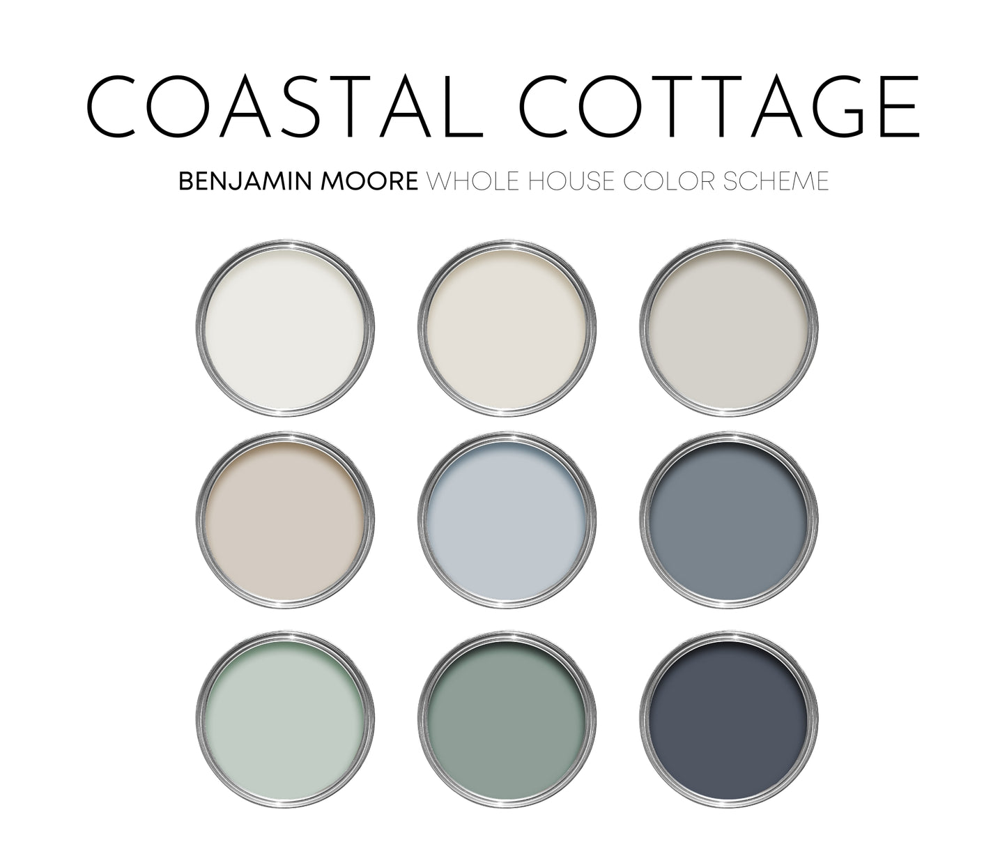 Coastal Cottage Benjamin Moore Paint Palette, Paint Colors for Home, Cottage Neutrals, Whole House Scheme, Beach House Colors, Seapearl