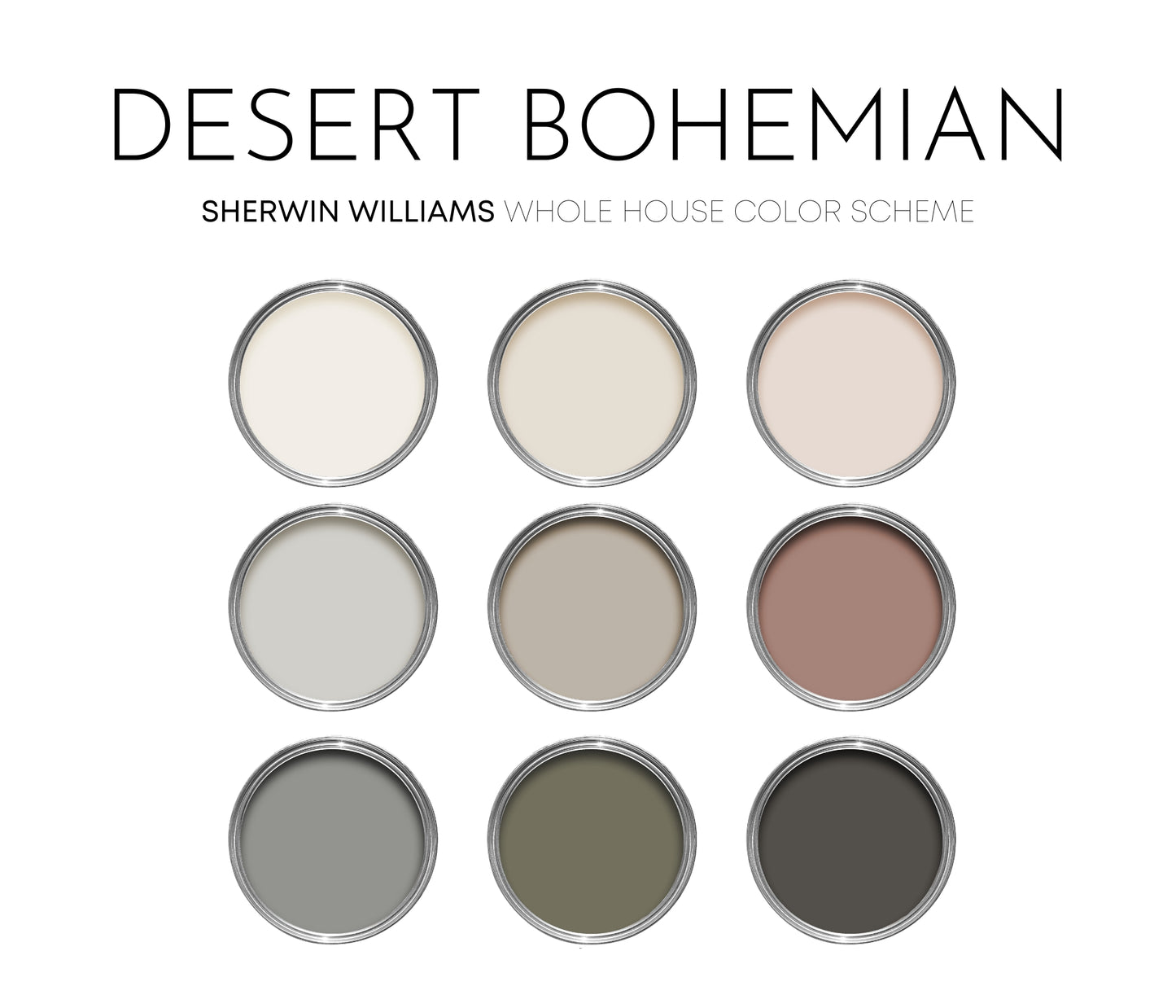 Desert Bohemian Sherwin Williams Paint Palette, Paint Colors for Home, Modern Neutrals, Color Scheme, Organic Earth Tones, Gorgeous White