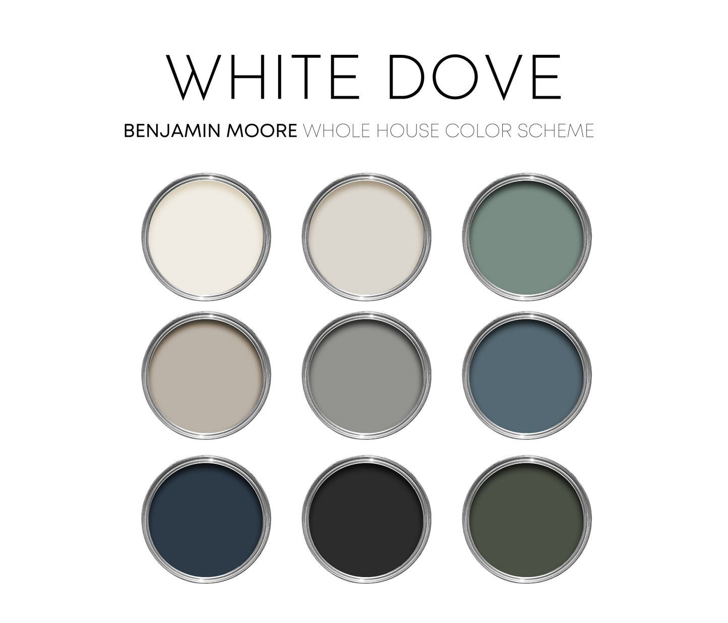 White Dove Benjamin Moore Paint Palette - Modern Neutral Interior Paint Colors for Home - Coordinating Interior Design Color Palette, Benjamin Moore White Dove