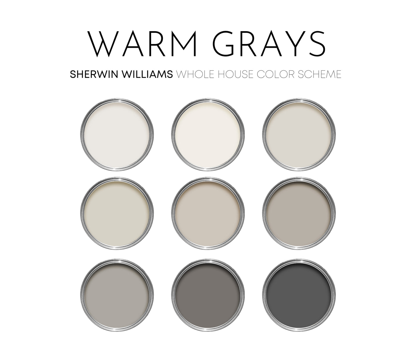 Warm Grays Sherwin Williams Paint Palette - Modern Neutral Interior Paint Colors for Home - Coordinating Interior Design Color Palette, Sherwin Williams, Worldly Gray