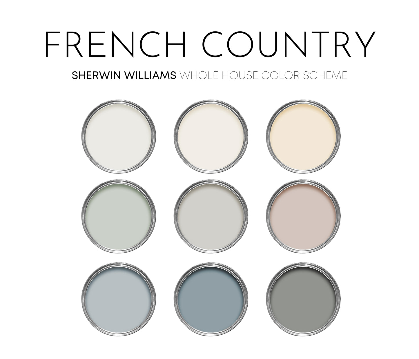 French Country Sherwin Williams Paint Palette, Interior Paint Colors for Home, Cottage Colors, Coastal Colors, Pure White
