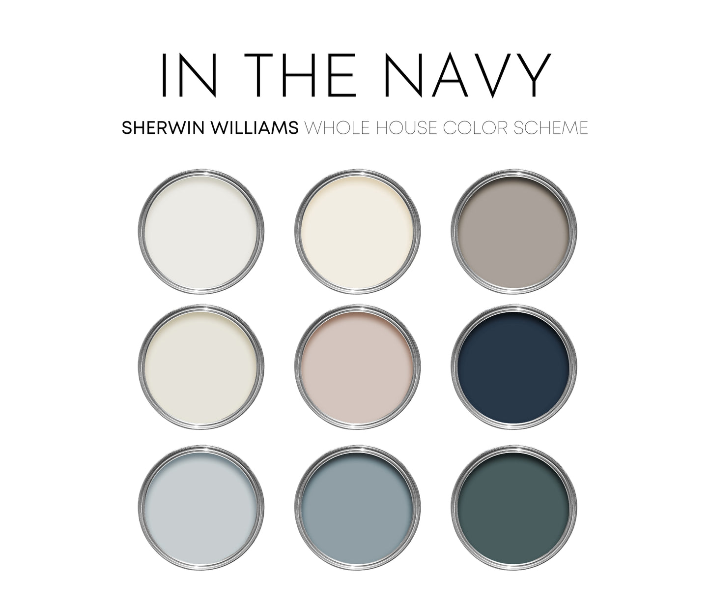 In the Navy Sherwin Williams Paint Palette - Modern Neutral Interior Paint Colors for Home, In the Navy Compliments, Whole House Color Palette, Sherwin Williams Pure White
